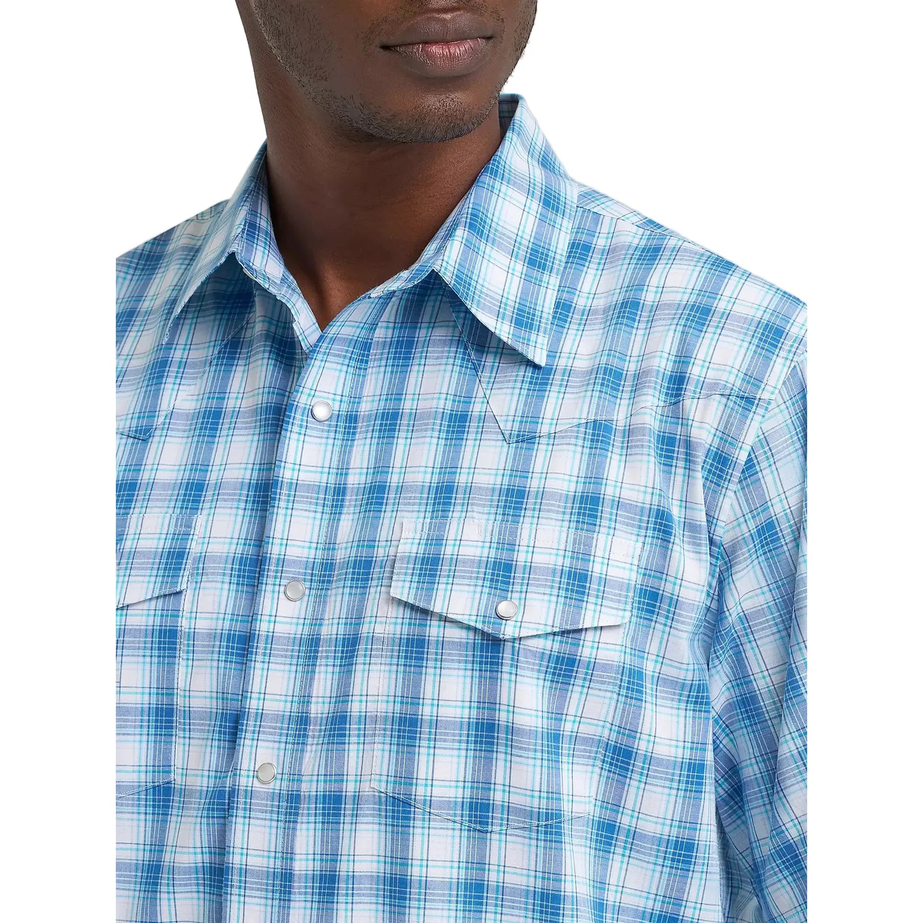 Men's Wrangler Seaside Blue Wrinkle Resist Short Sleeve Western Snap Shirt 112374834