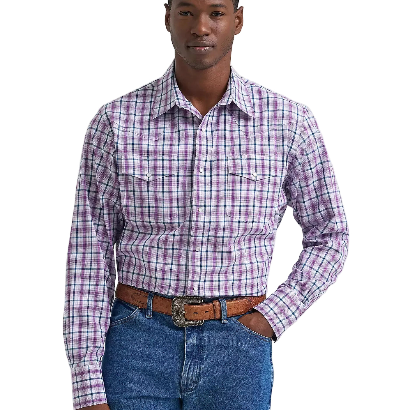 Men's Wrangler Violet Wrinkle Resist Long Sleeve Western Snap Plaid Shirt 112381652