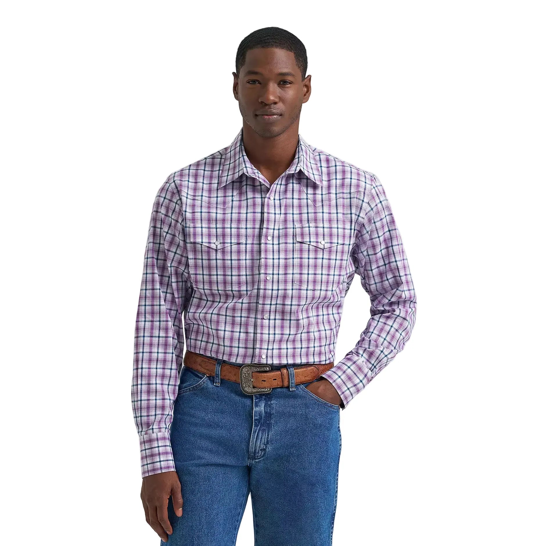 Men's Wrangler Violet Wrinkle Resist Long Sleeve Western Snap Plaid Shirt 112374877