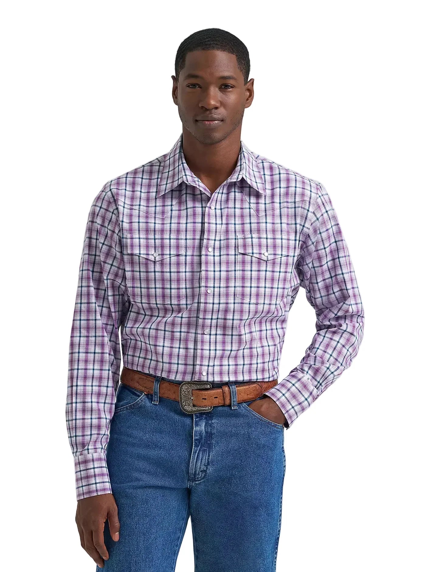Men's Wrangler Violet Wrinkle Resist Long Sleeve Western Snap Plaid Shirt 112381652