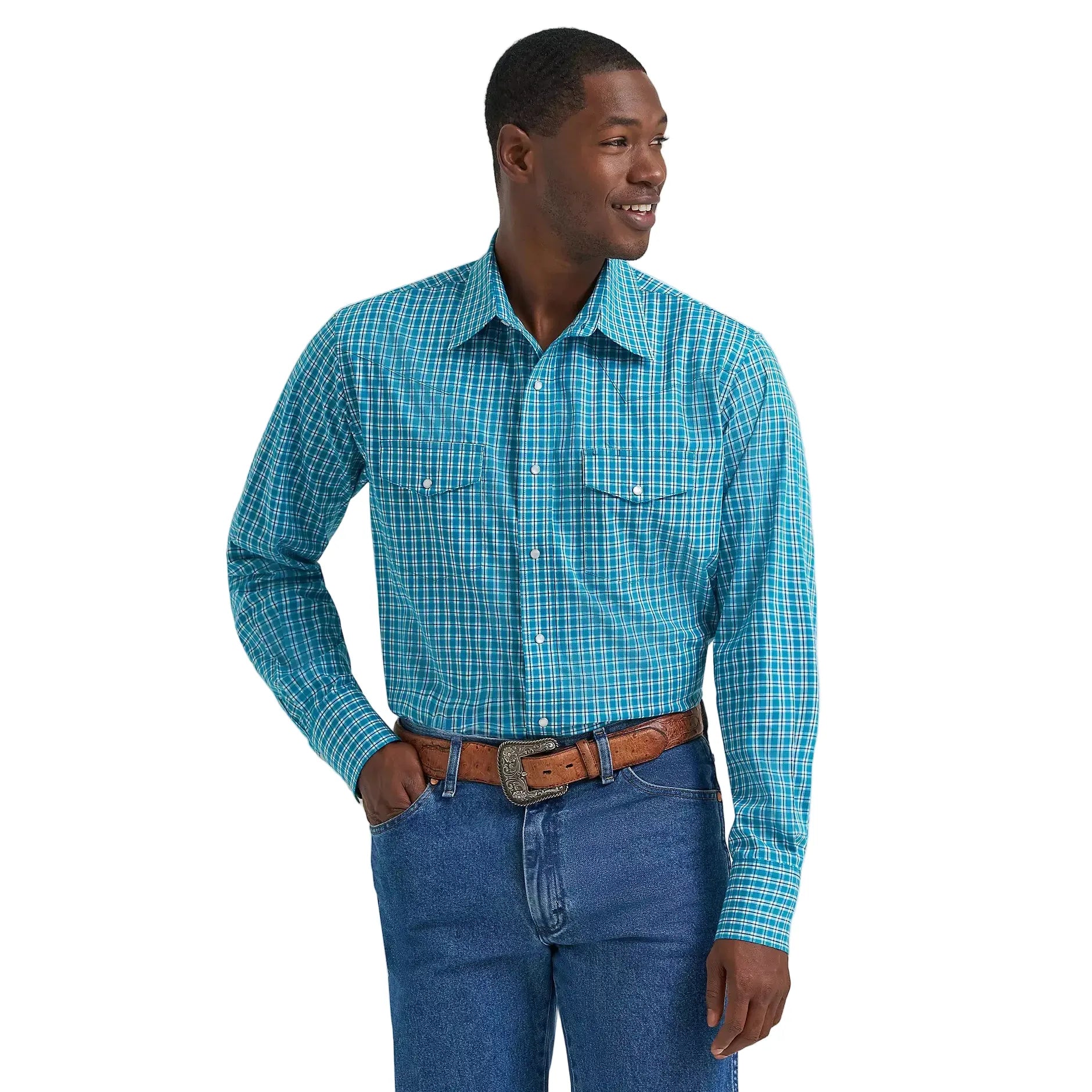 Men's Wrangler Wrinkle Resist Long Sleeve Western Snap Plaid Shirt Men's Wrangler Wrinkle Resist Long Sleeve Western Snap Plaid Shirt