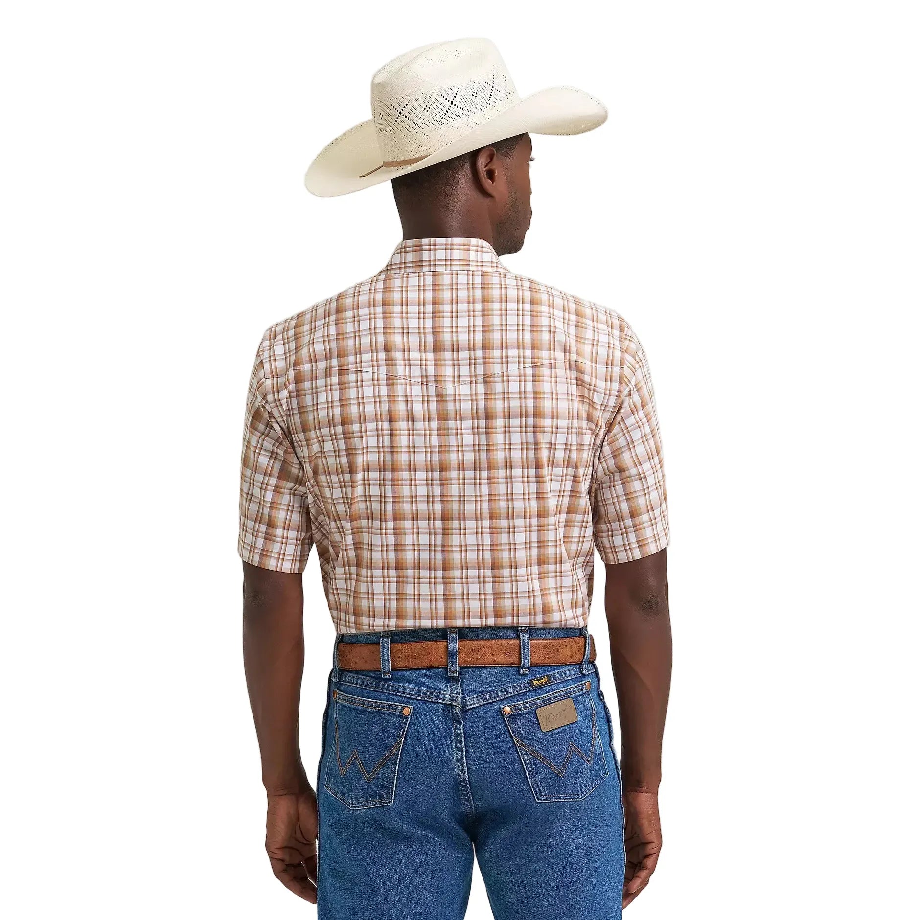 Men's Wrangler Hay Brown Wrinkle Resist Short Sleeve Western Snap Shirt 112374892