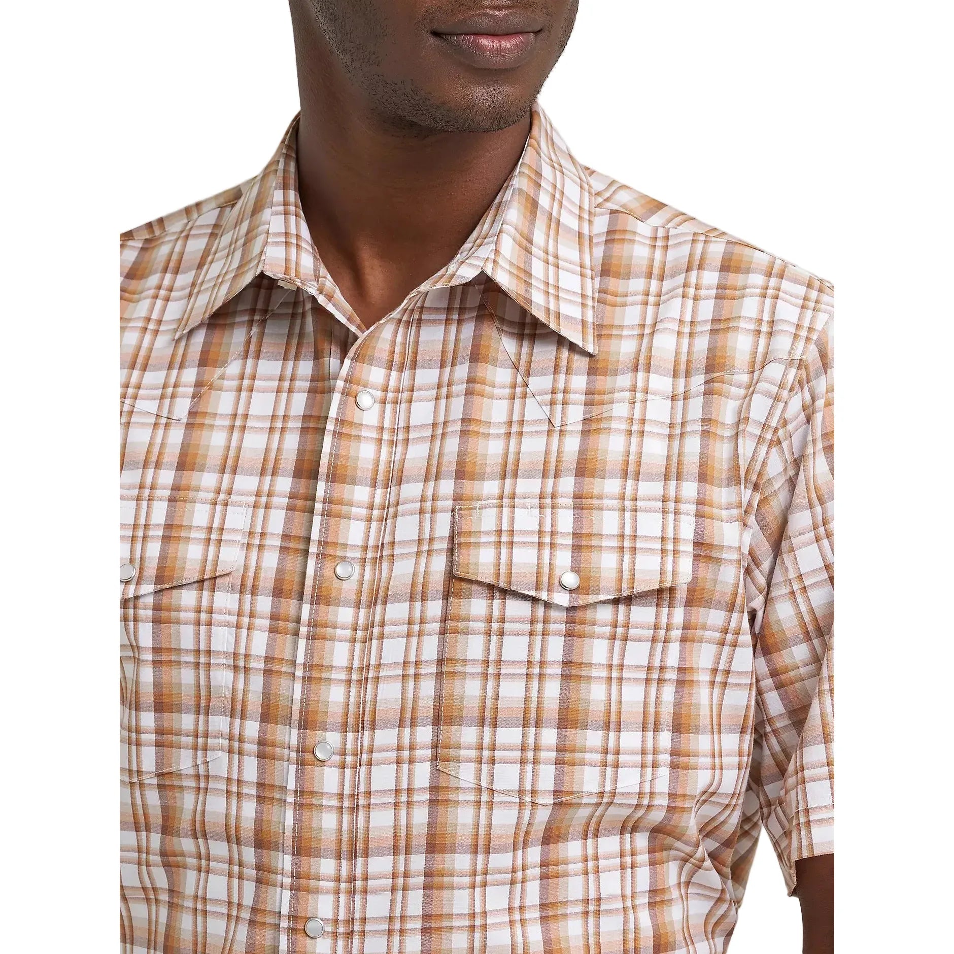 Men's Wrangler Hay Brown Wrinkle Resist Short Sleeve Western Snap Shirt 112374892