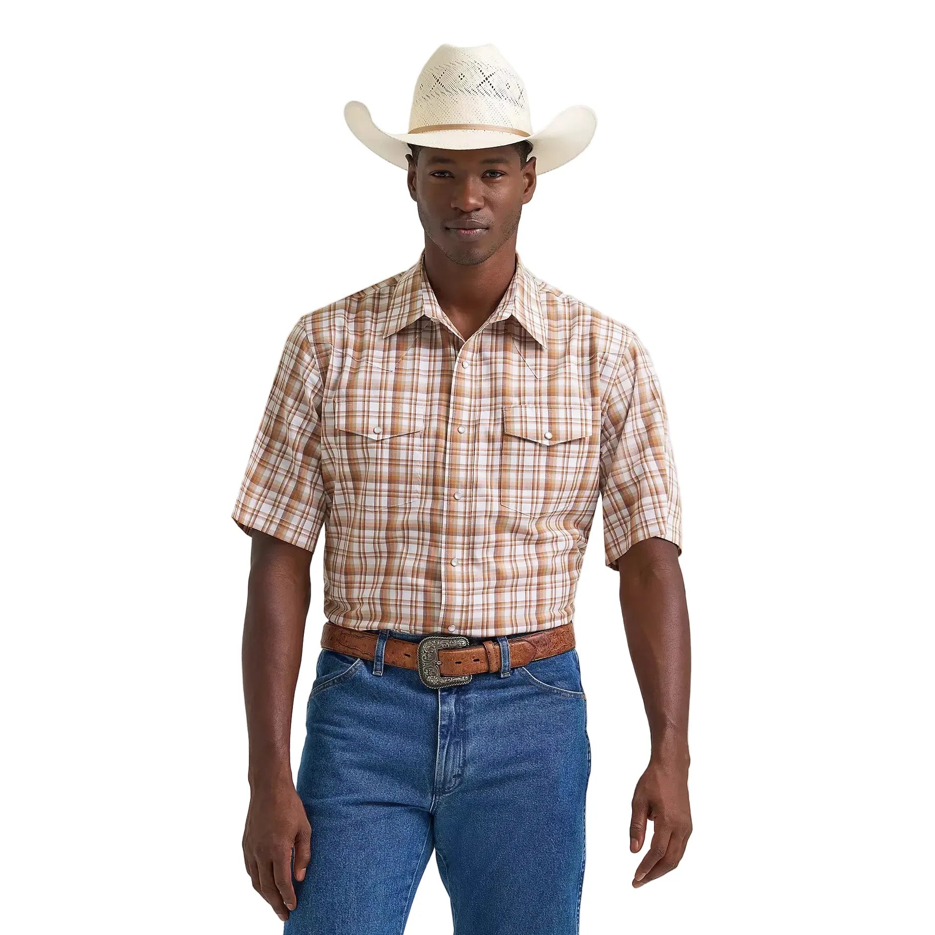 mens short sleeve western dress shirts Wrangler Mens Wrinkle Resist Short Sleeve Plaid Shirt Hay Brown Size XXL