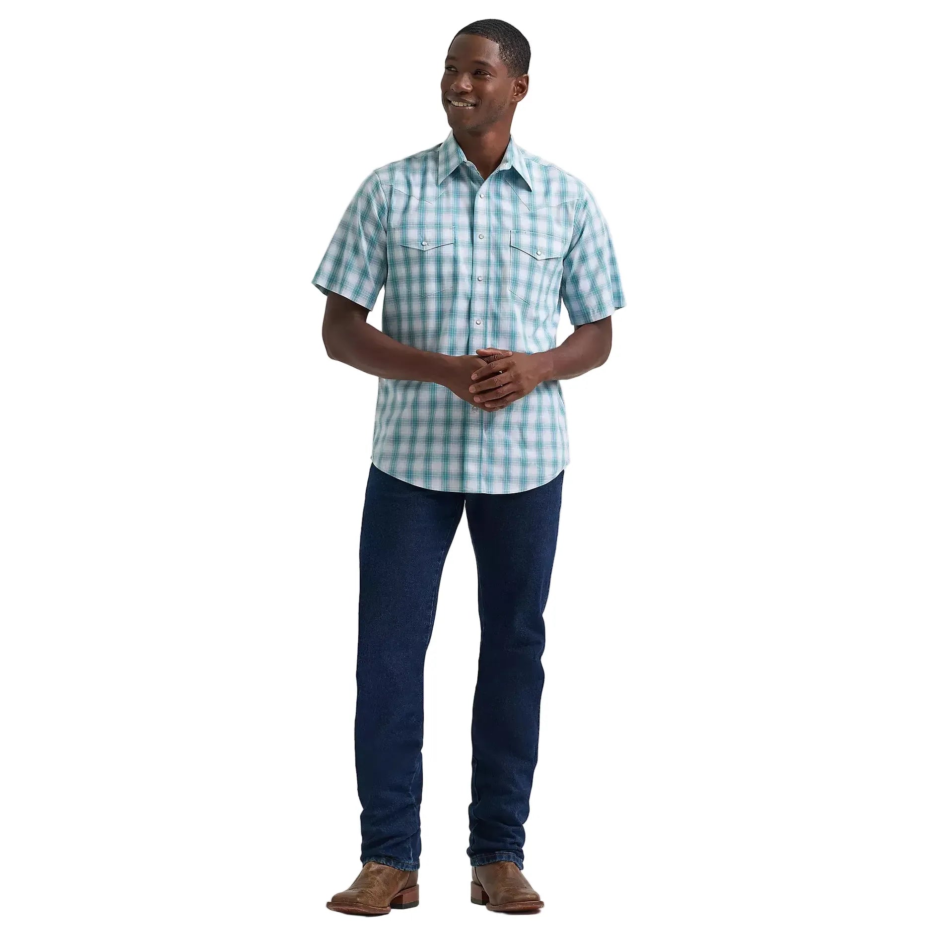Men's Wrangler Pale Teal Wrinkle Resist Short Sleeve Western Snap Plaid Shirt 112379029