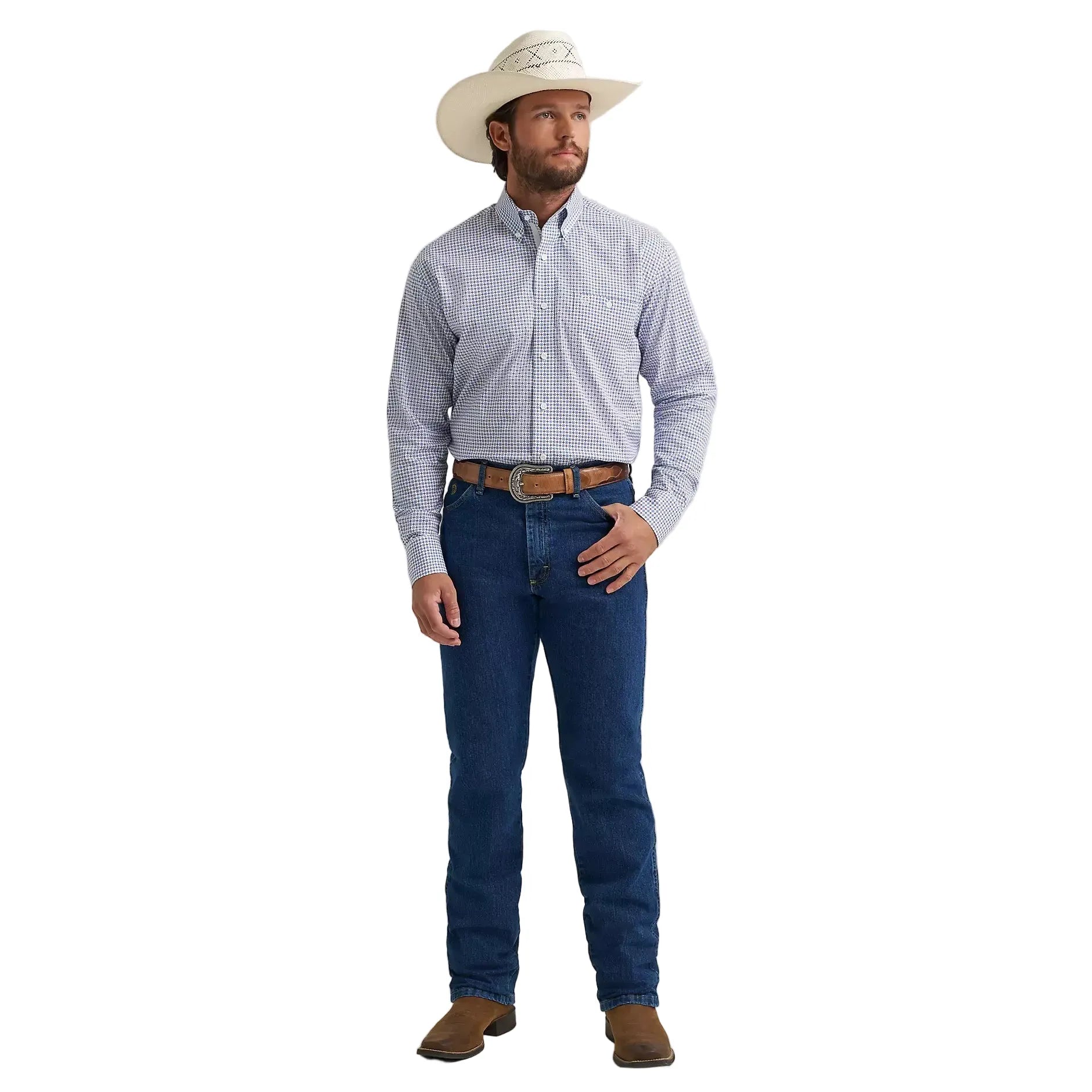 Men's Wrangler George Strait Blue Windows Long Sleeve Button Dow112379062