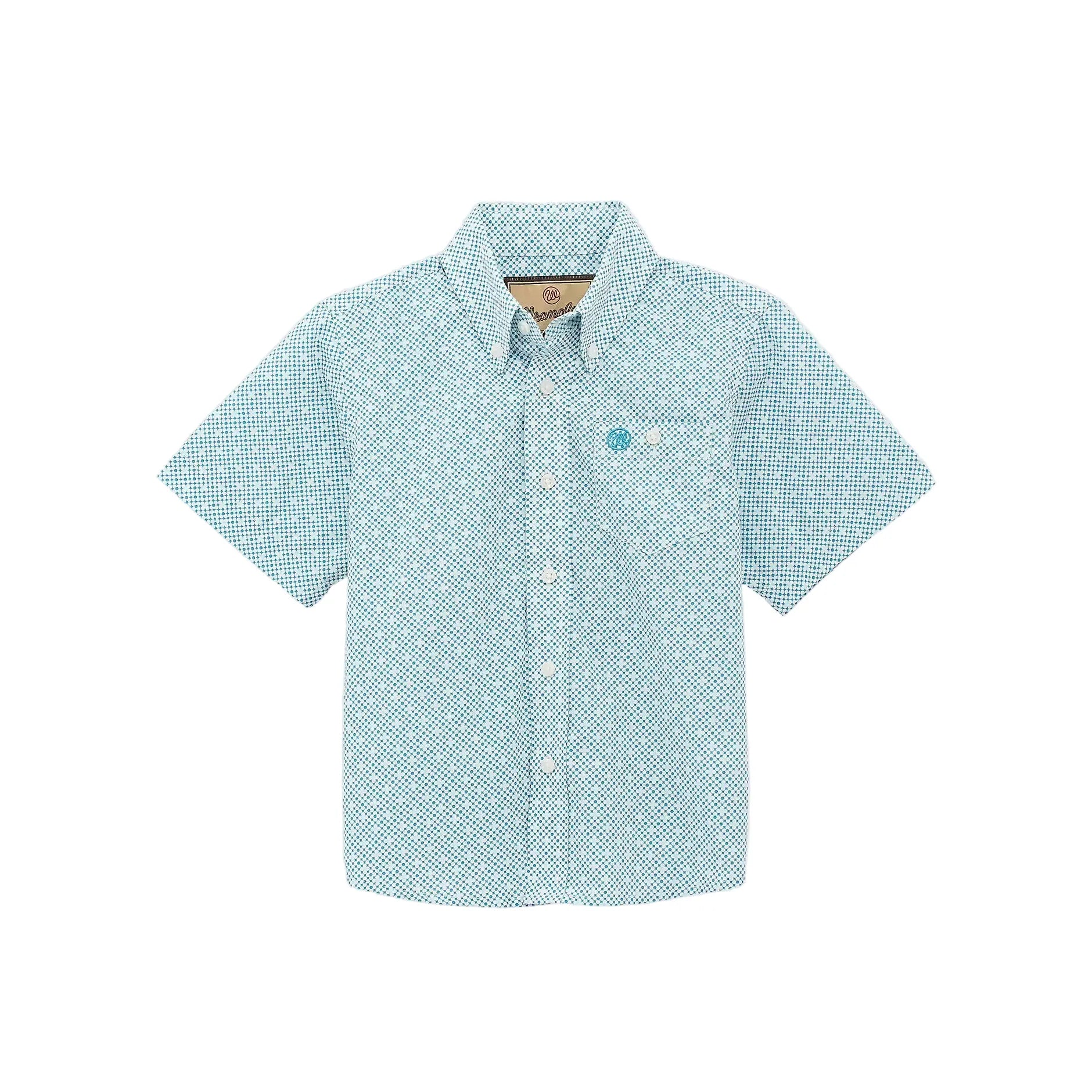 Boy's Wrangler Teal Geo Print Classic Short Sleeve Button Down Shirt 112379163