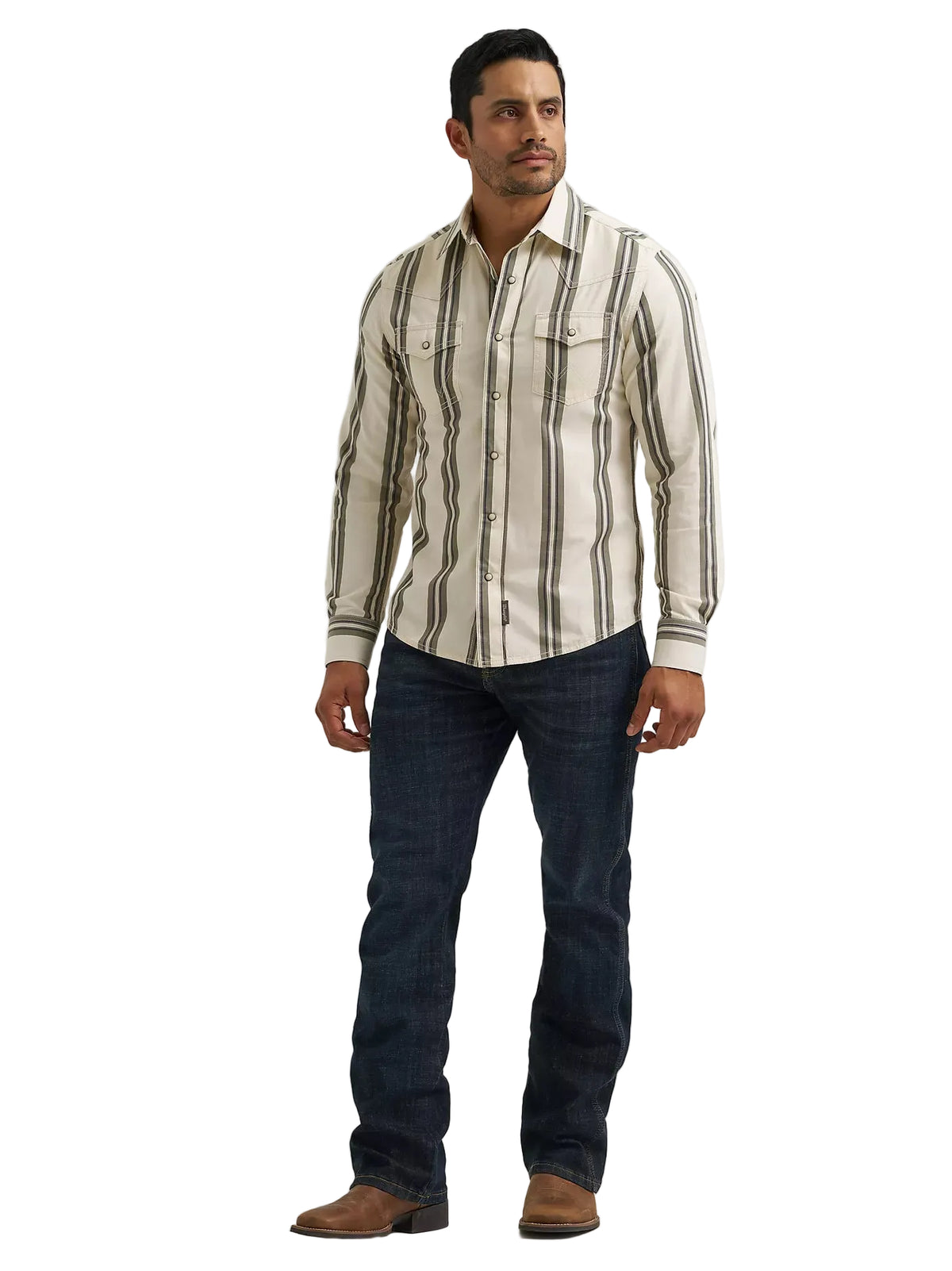 Wrangler Men's Olivine Retro Premium Stripe Western Snap Shirt 112384768