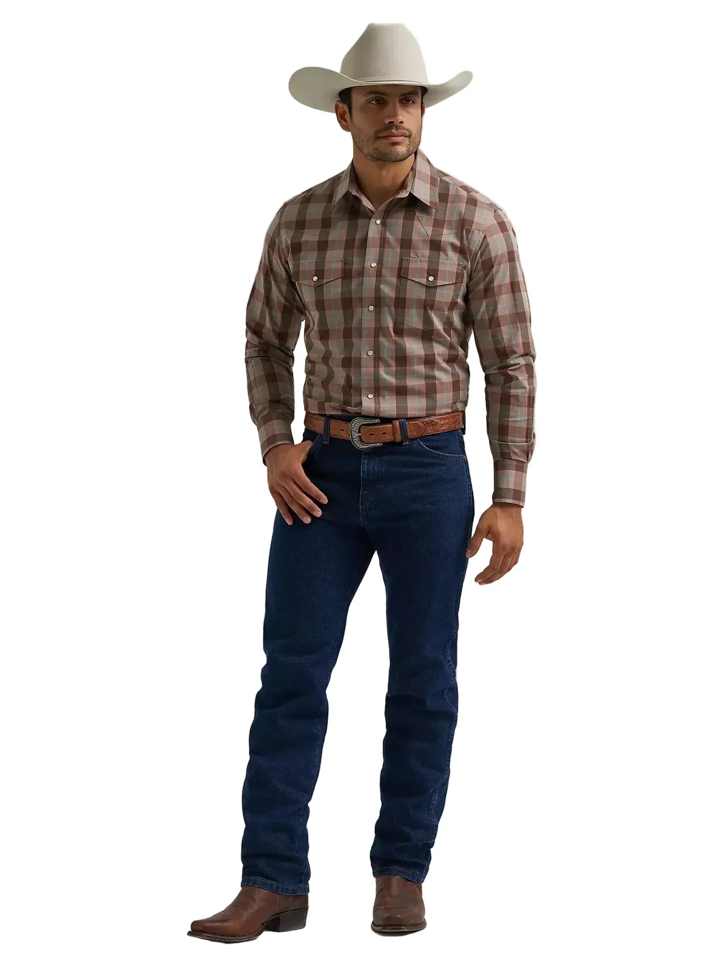 Wrangler Men's Biscotti Wrinkle Resist Long Sleeve Western Snap Plaid Shirt 112381649