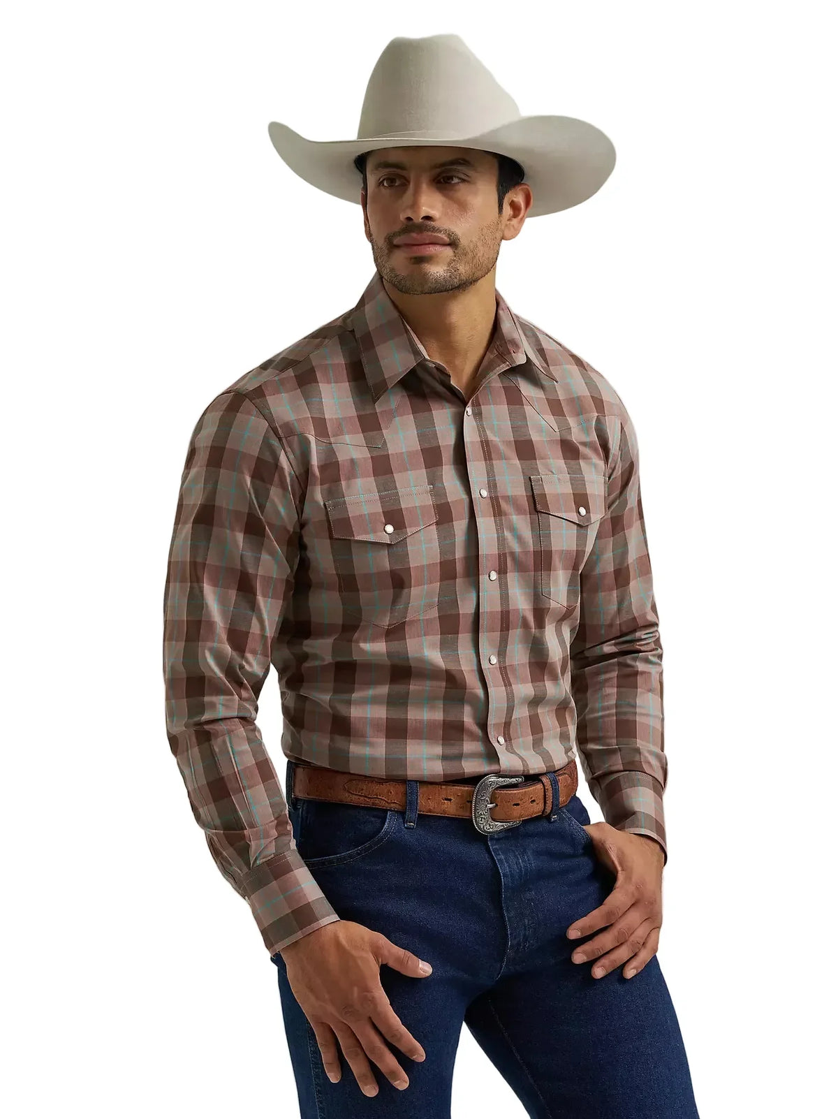 Wrangler Men's Biscotti Wrinkle Resist Long Sleeve Western Snap Plaid Shirt 112381649