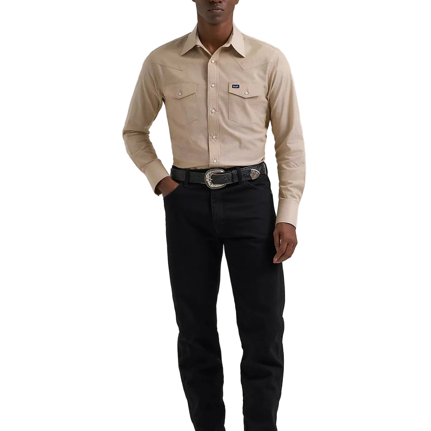 Men's Wrangler Khaki Cowboy Cut Long Sleeve Western Snap Chambray Work Shirt 112381688