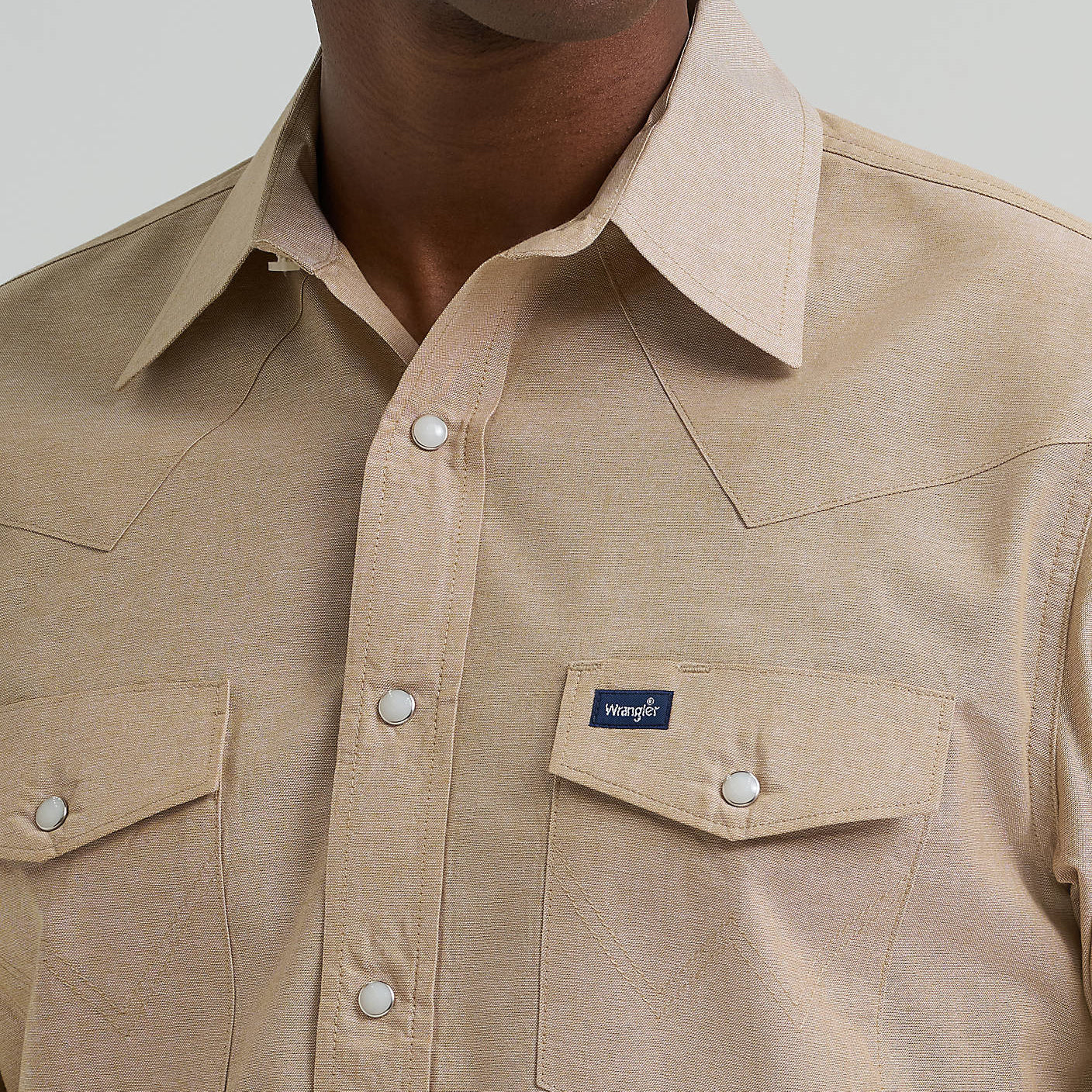 Men's Wrangler Khaki Cowboy Cut Long Sleeve Western Snap Chambray Work Shirt 112381688