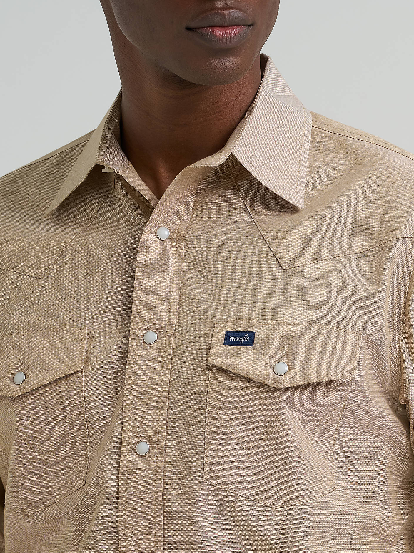 Men's Wrangler Khaki Cowboy Cut Long Sleeve Western Snap Chambray Work Shirt 112381688