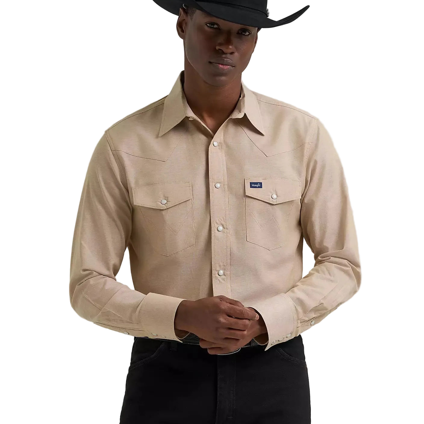 Men's Wrangler Khaki Cowboy Cut Long Sleeve Western Snap Chambray Work Shirt 112381688