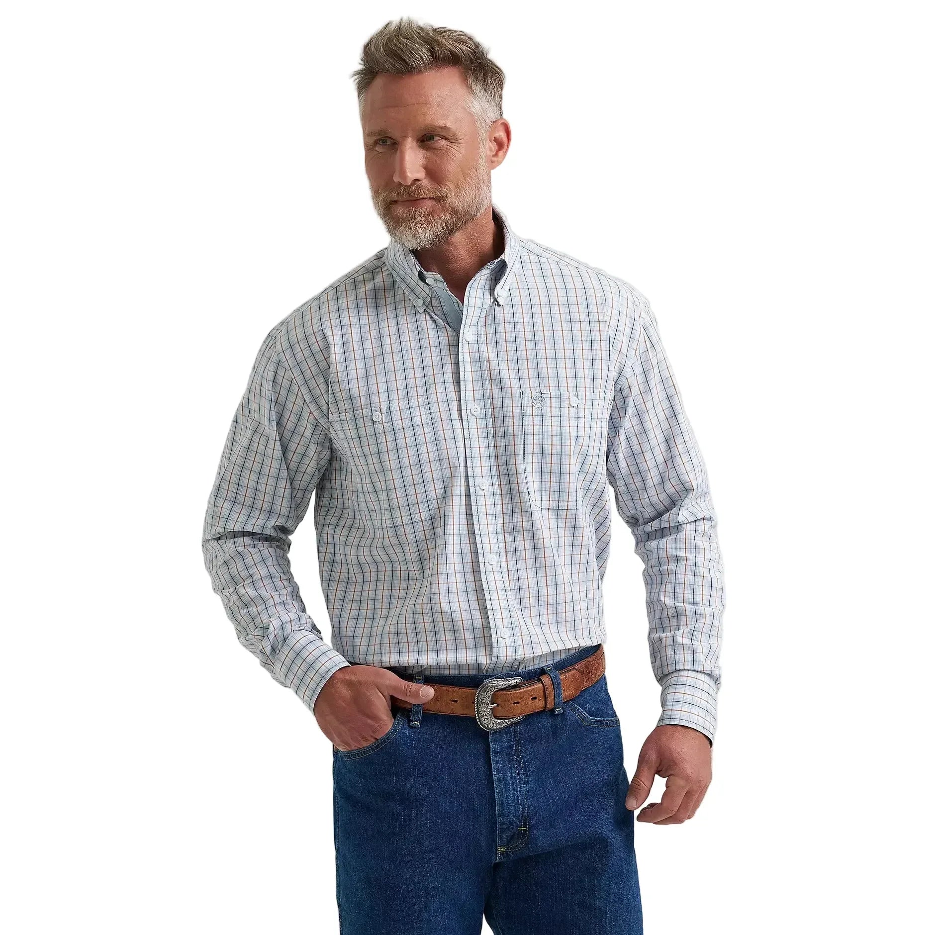 Men's Wrangler Stelly Blue Check George Strait Long Sleeve Button Down Shirt 112381958