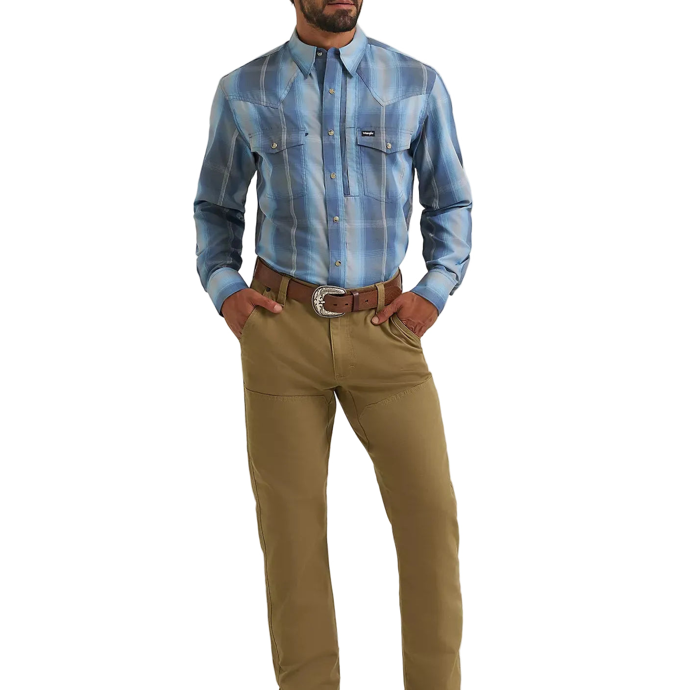 Men's Wrangler Ombre Indigo All Terrain Gear Performance Plaid Shirt 112382399