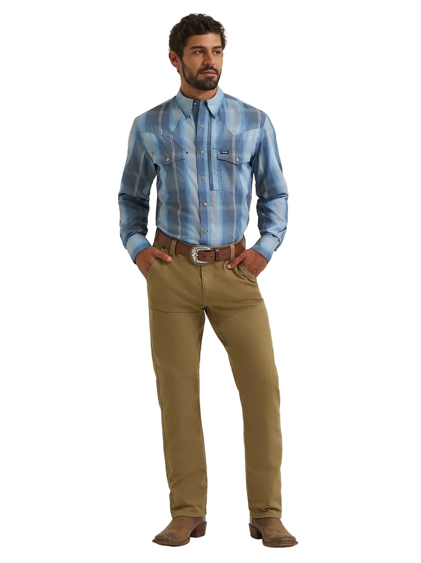 Men's Wrangler Ombre Indigo All Terrain Gear Performance Plaid Shirt 112382399