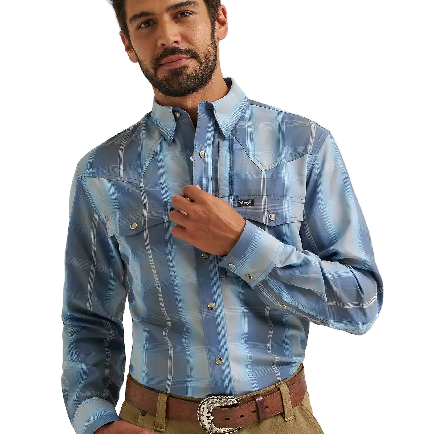 Men's Wrangler Ombre Indigo All Terrain Gear Performance Plaid Shirt 112382399