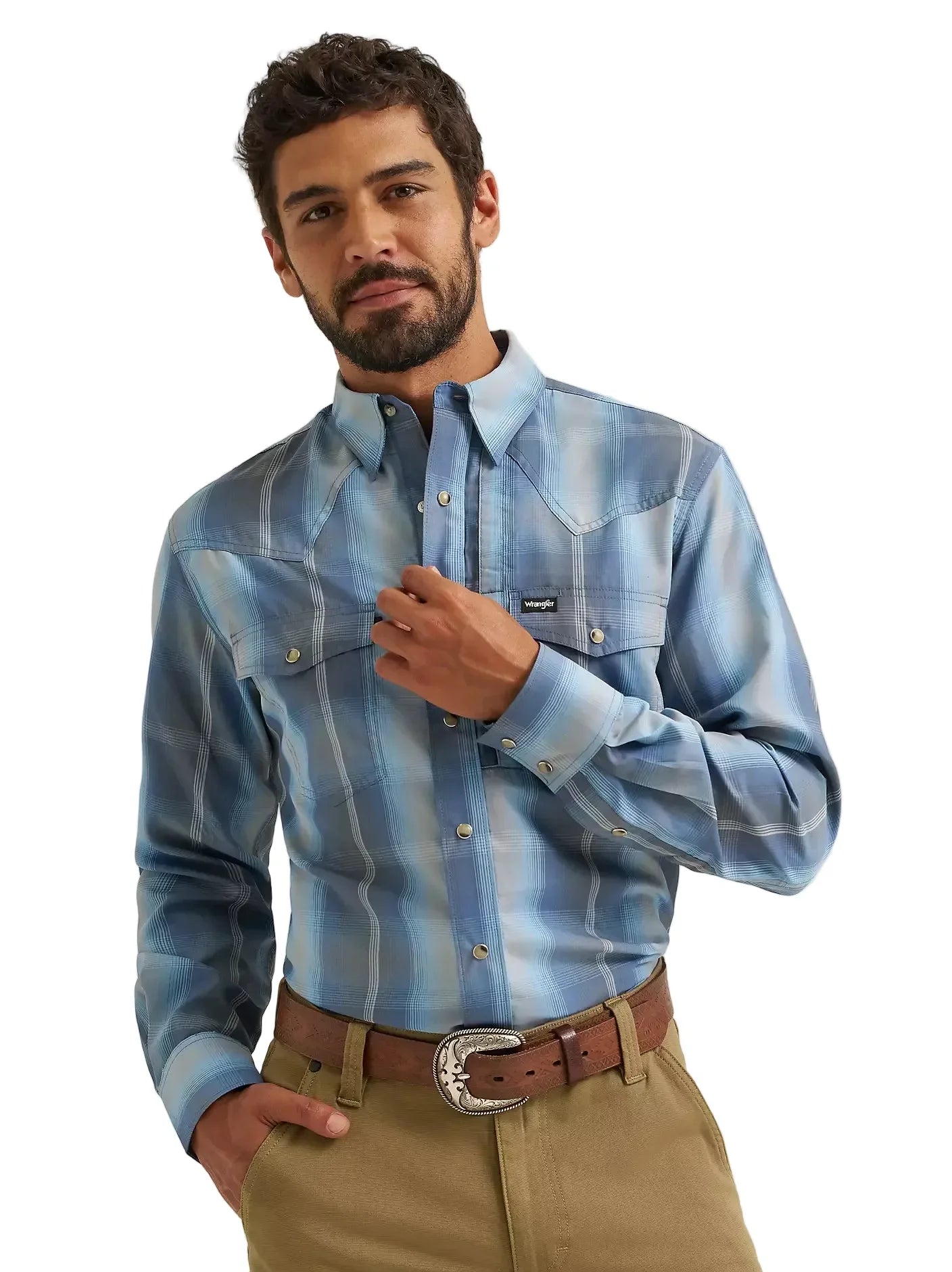 Men's Wrangler Ombre Indigo All Terrain Gear Performance Plaid Shirt 112382399