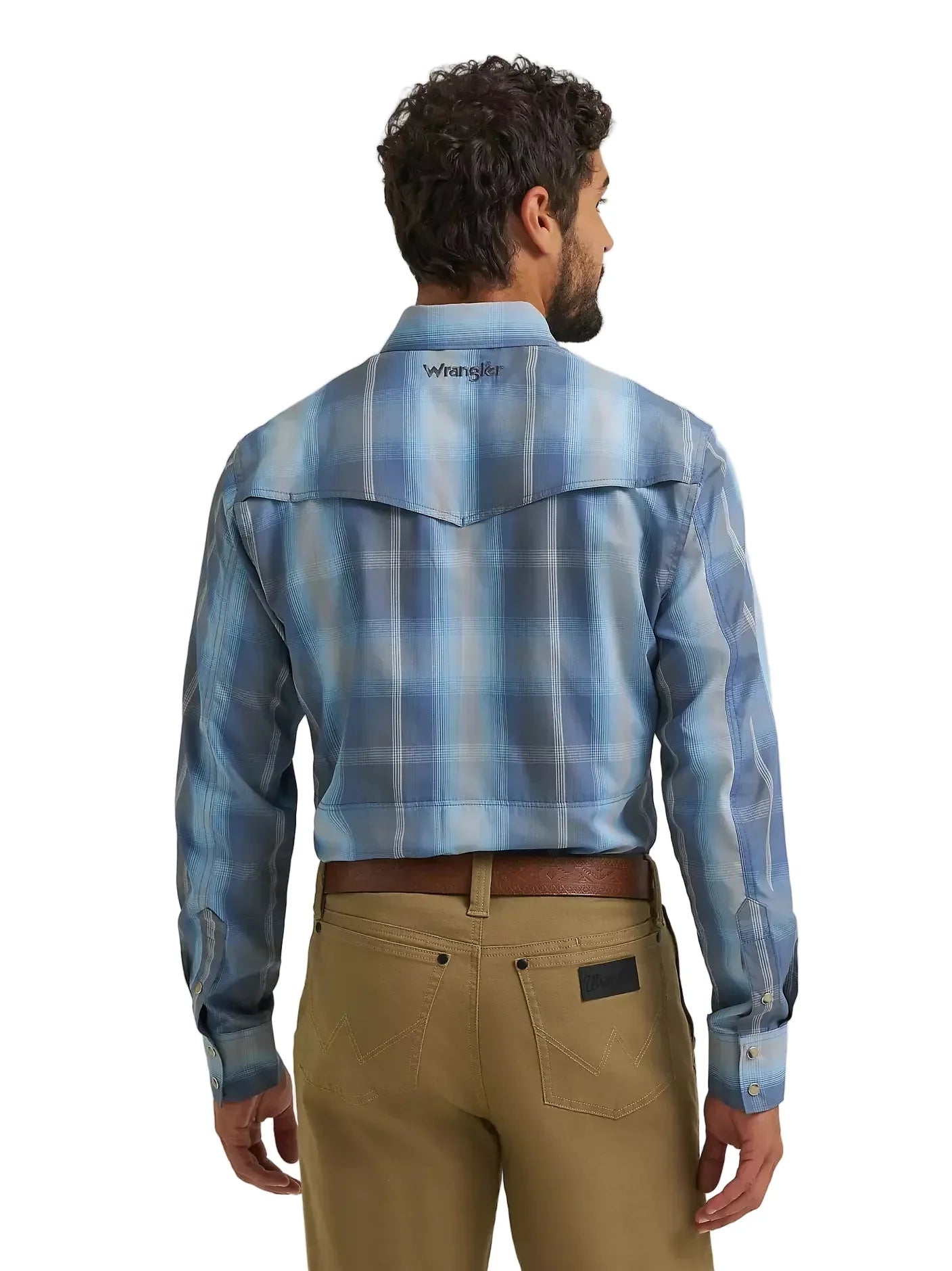 Men's Wrangler Ombre Indigo All Terrain Gear Performance Plaid Shirt 112382399