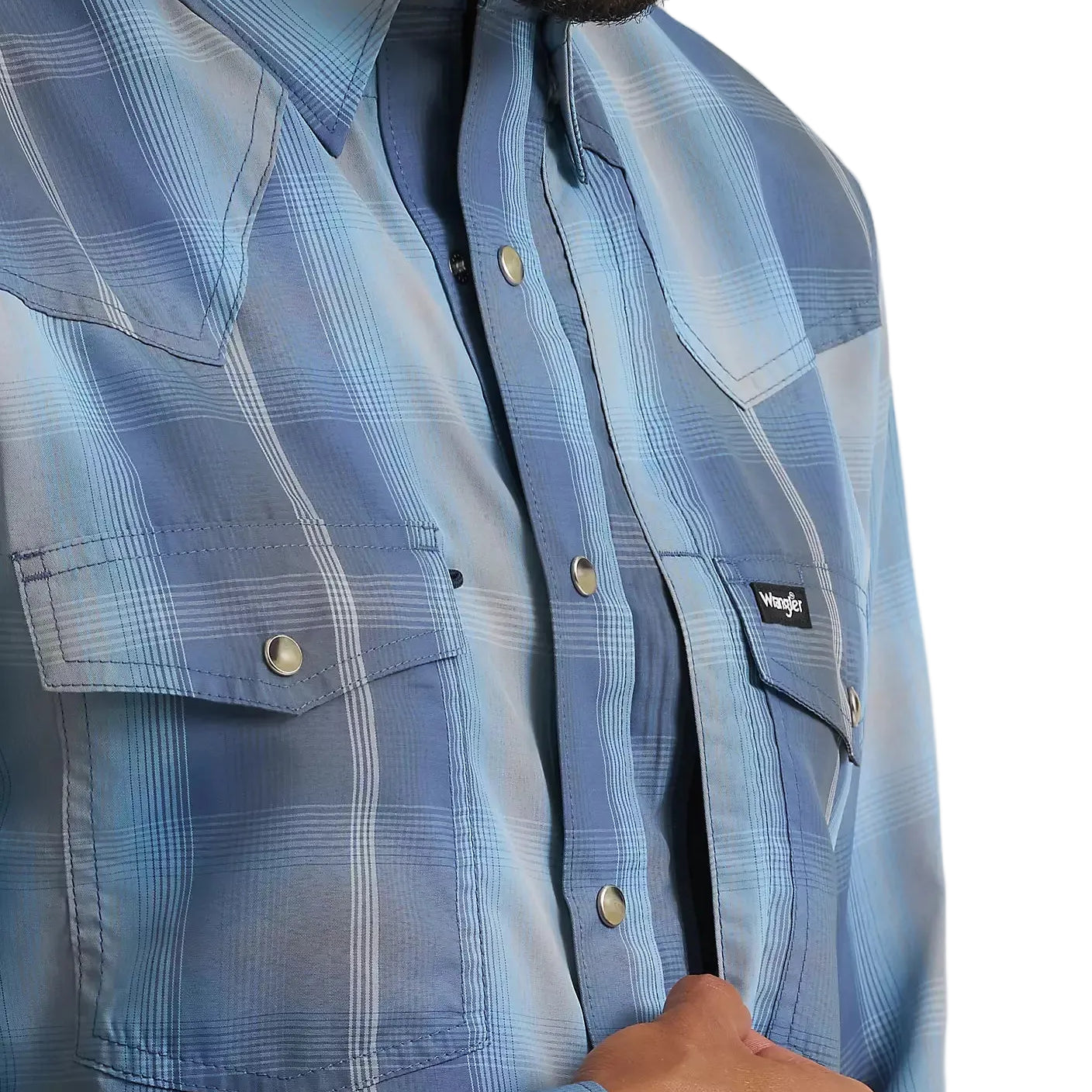 Men's Wrangler Ombre Indigo All Terrain Gear Performance Plaid Shirt 112382399