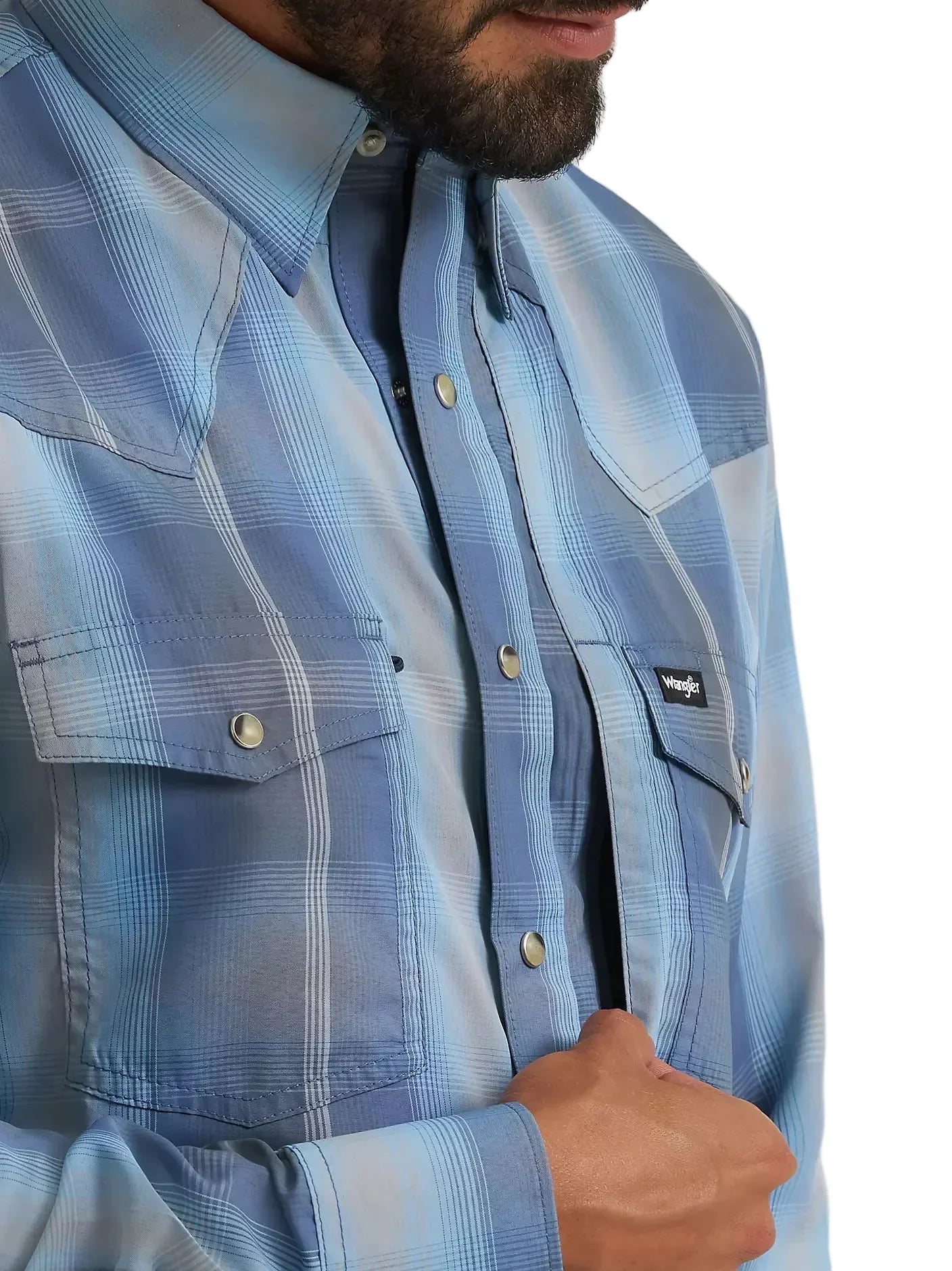 Men's Wrangler Ombre Indigo All Terrain Gear Performance Plaid Shirt 112382399
