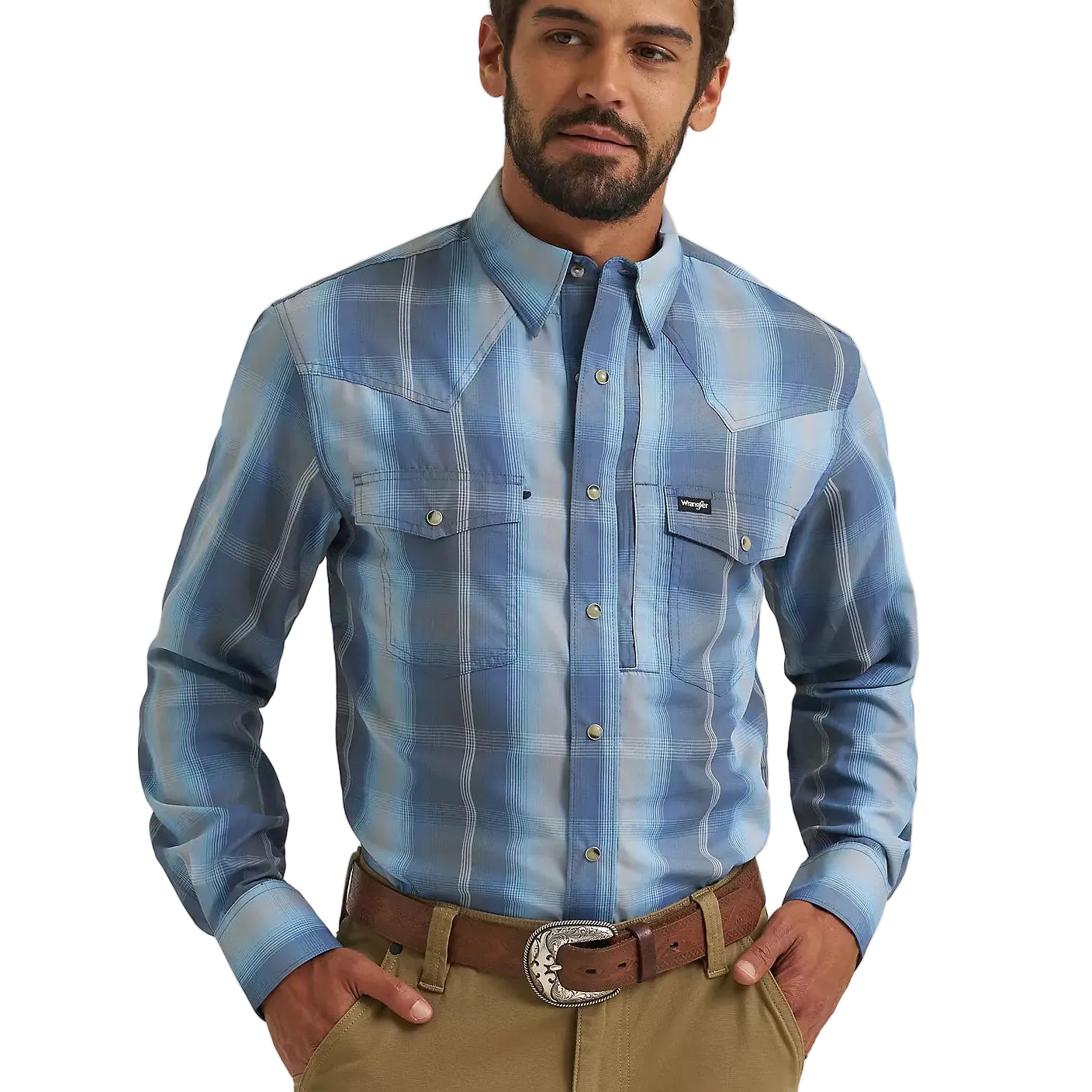 Men's Wrangler Ombre Indigo All Terrain Gear Performance Plaid Shirt 112382399