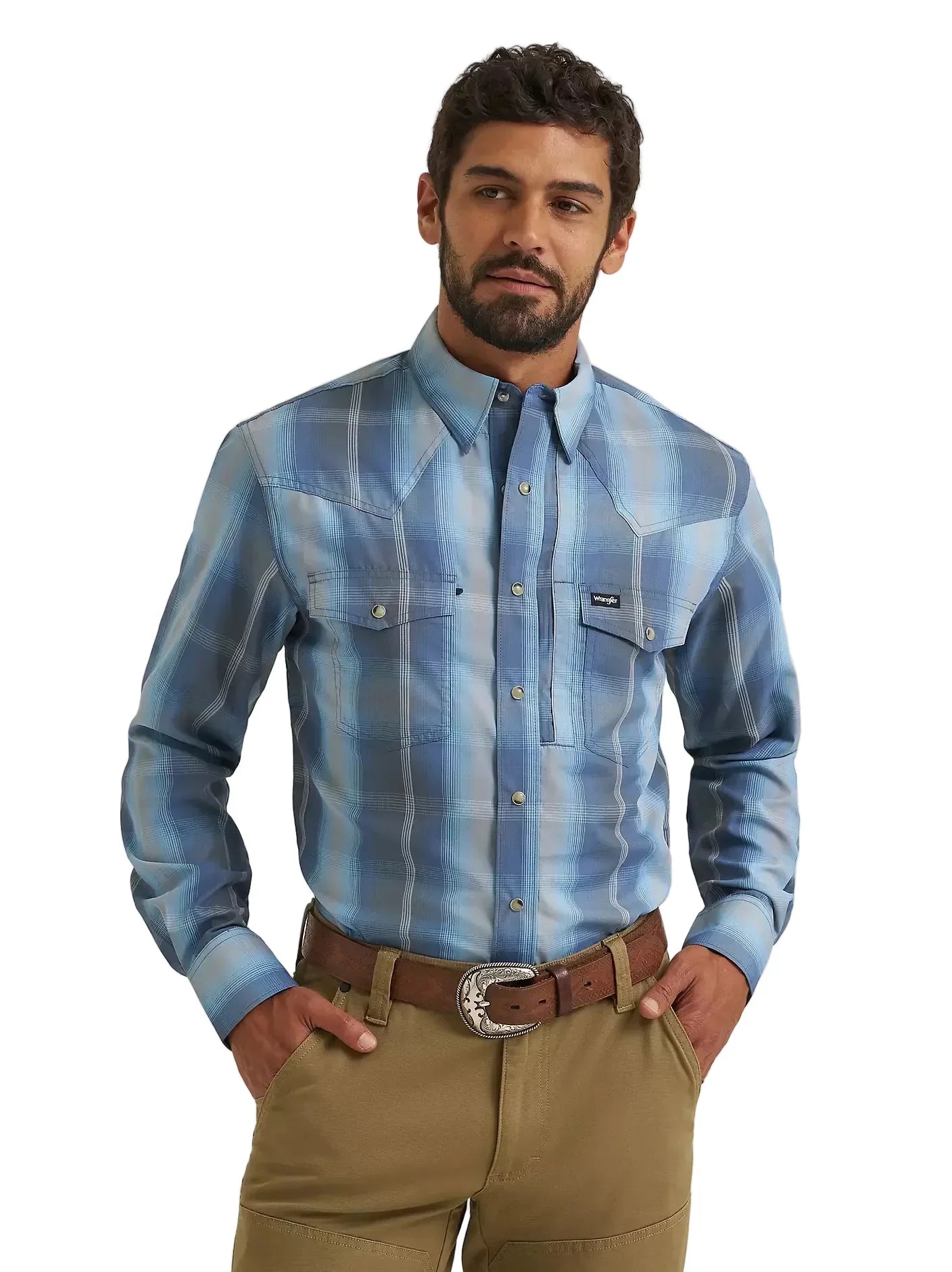 Men's Wrangler Ombre Indigo All Terrain Gear Performance Plaid Shirt 112382399