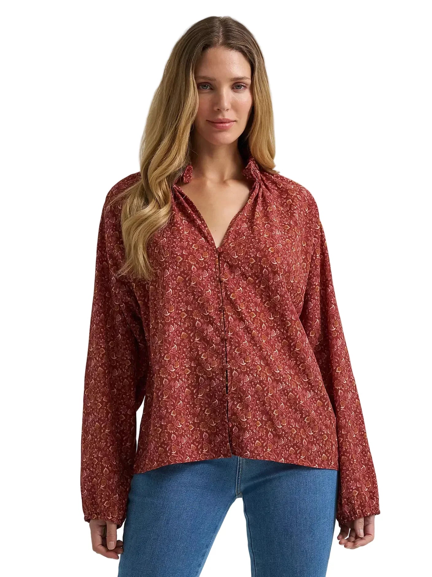 Women's Wrangler Burgundy Button Front Princess Blouse 112382526