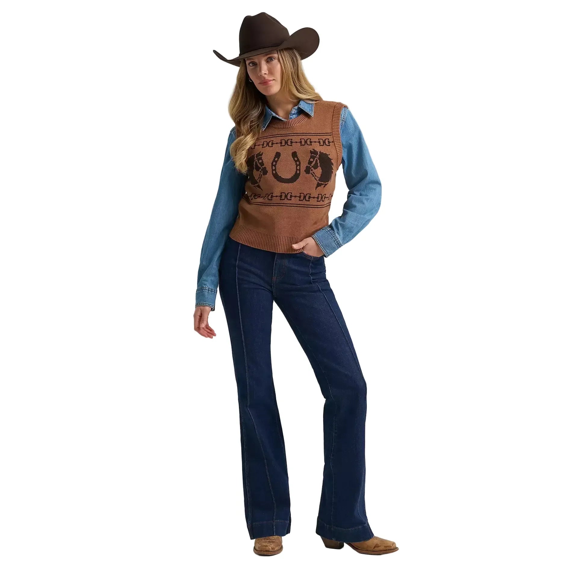 Women's Wrangler Brown Horse Sweater Vest 112382527
