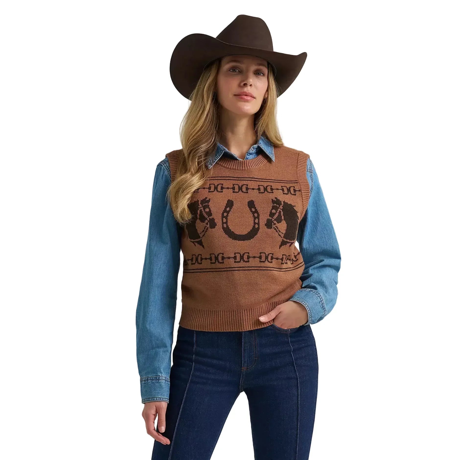 Women's Wrangler Brown Horse Sweater Vest 112382527
