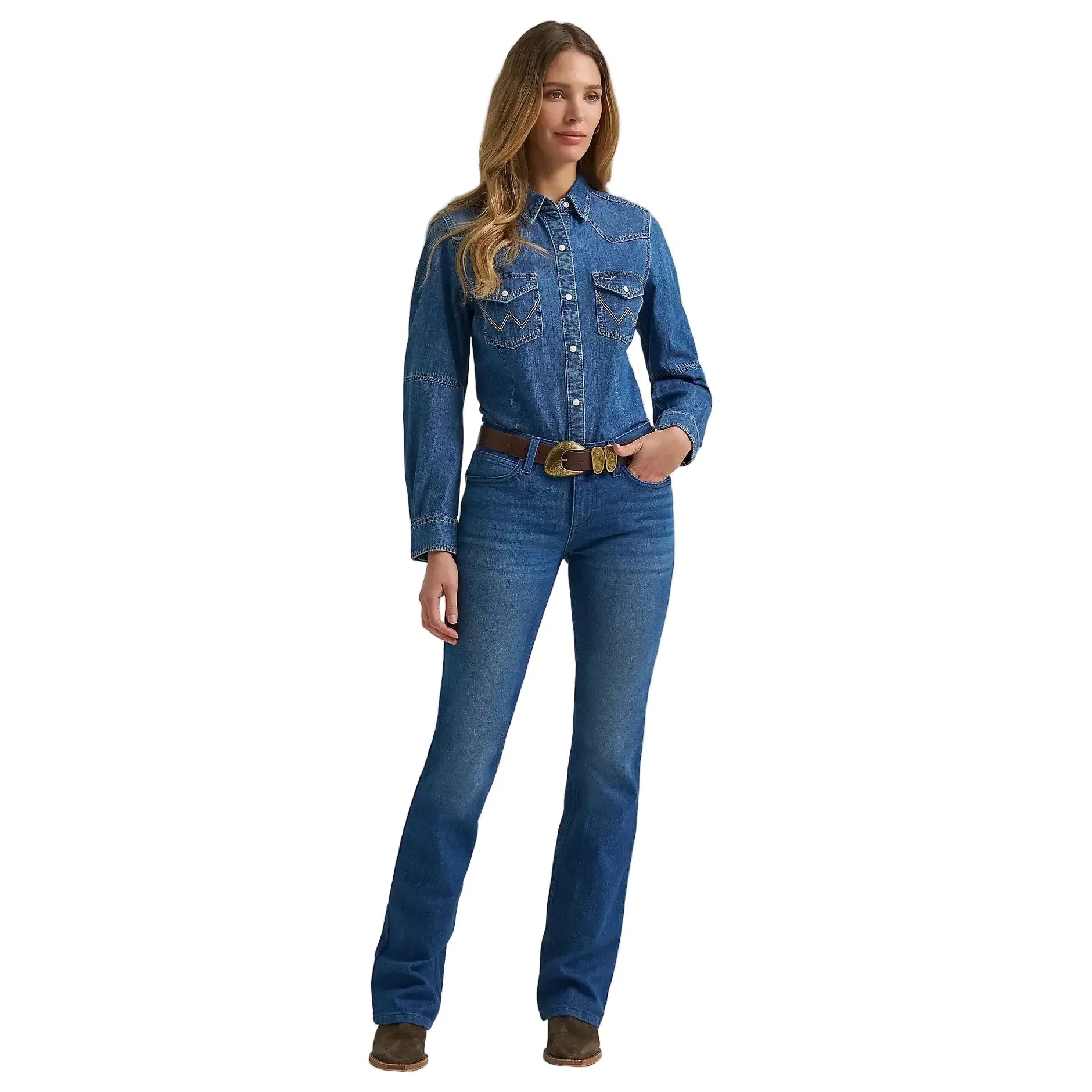 Women's Wrangler Denim Barrel Sleeve Western Snap Shirt 112382693