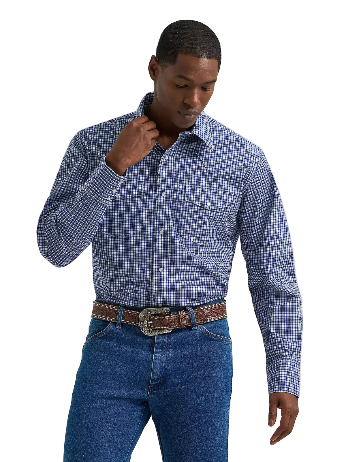 Wrangler Men's Night Navy Wrinkle Resist Long Sleeve Western Snap Shirt 112385338