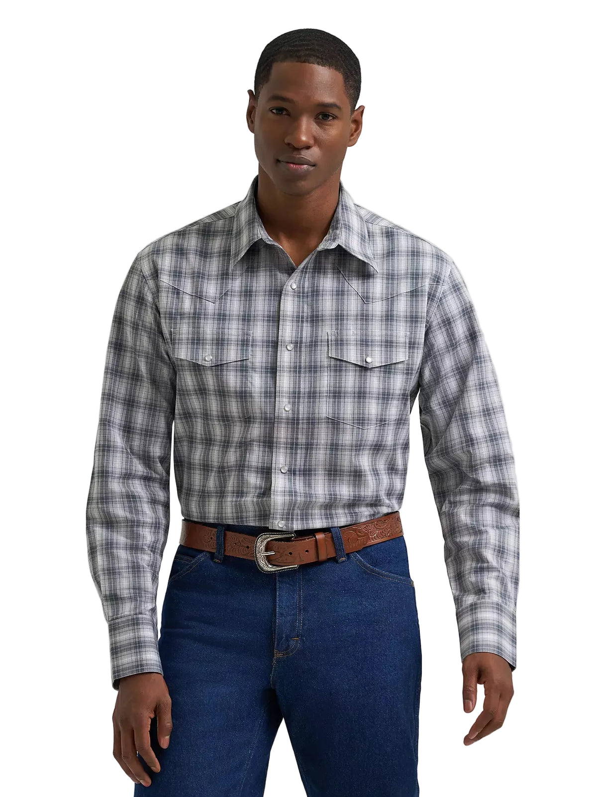 Wrangler Men's Frontier Stone Wrinkle Resist Long Sleeve Western Snap Plaid Shirt 112385339