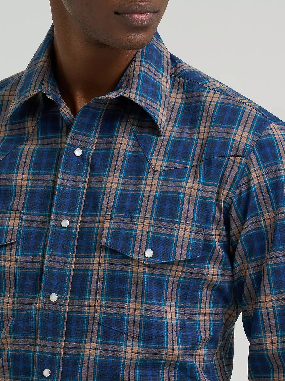 Wrangler Men's Gold Indigo Wrinkle Resist Long Sleeve Western Snap Plaid Shirt 112385340