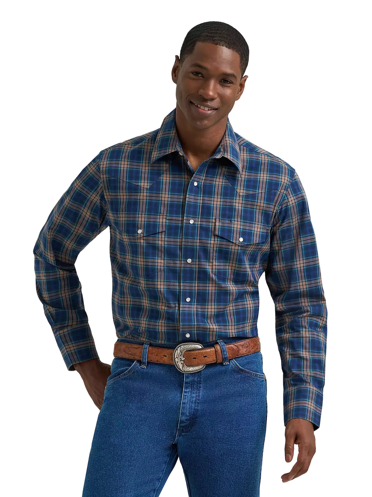 Wrangler Men's Gold Indigo Wrinkle Resist Long Sleeve Western Snap Plaid Shirt 112385340