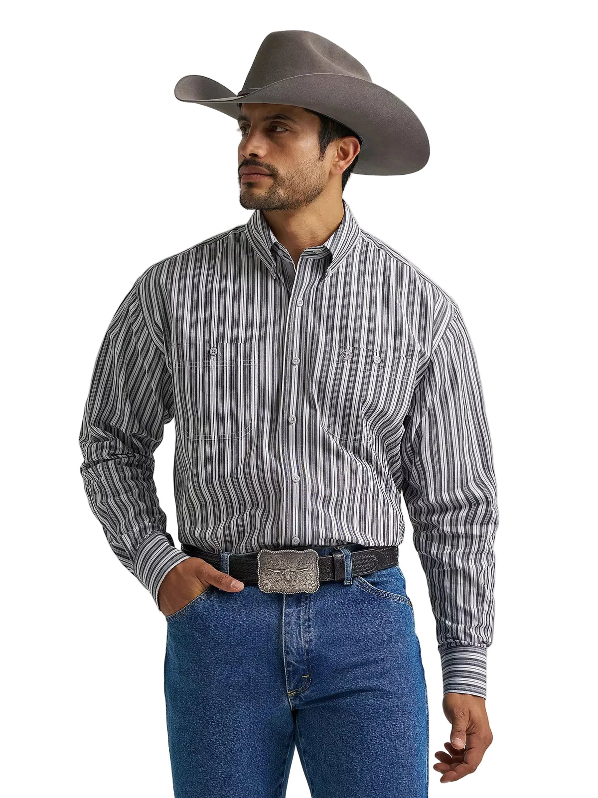 Wrangler Men's Smoky Stripe George Strait Long Sleeve Button Down Two Pocket Shirt 112385355