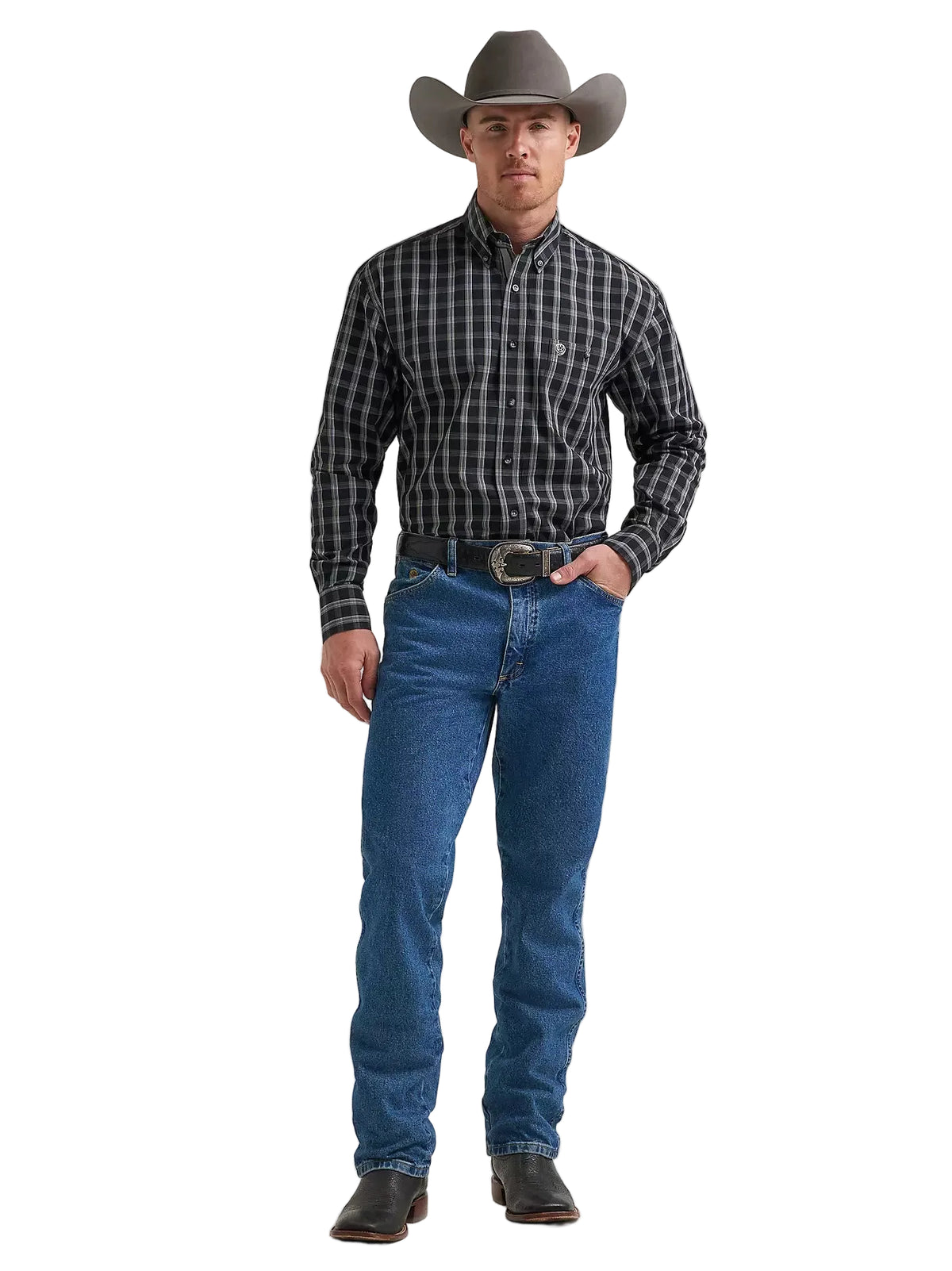 Wrangler Men's Campfire Black George Strait Long Sleeve Button Down One Pocket Shirt 112385359