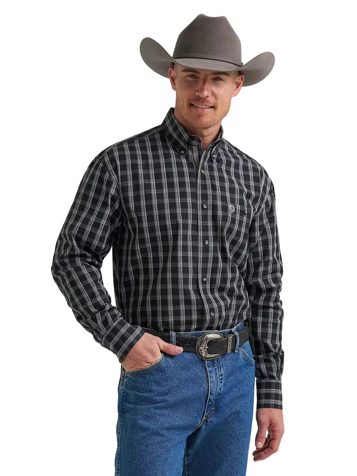 Wrangler Men's Campfire Black George Strait Long Sleeve Button Down One Pocket Shirt 112385359