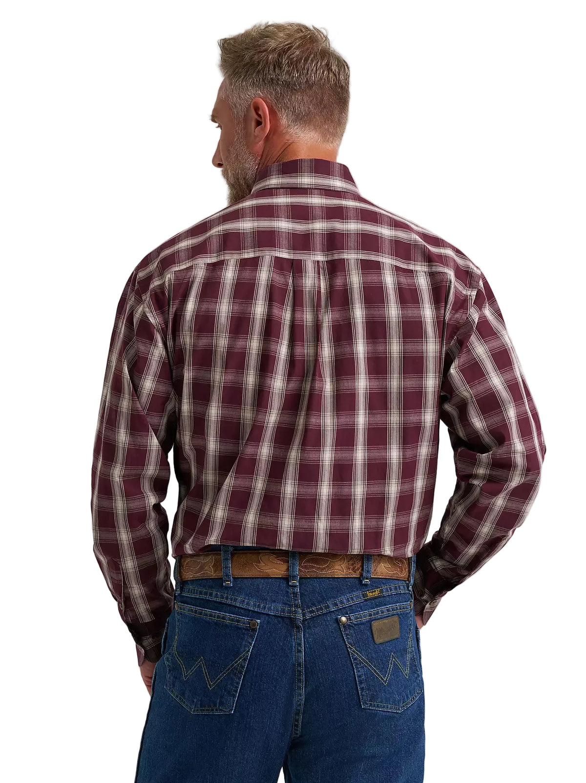 Wrangler Men's Merlot Plaid George Strait Long Sleeve Button Down One Pocket Shirt 112385370
