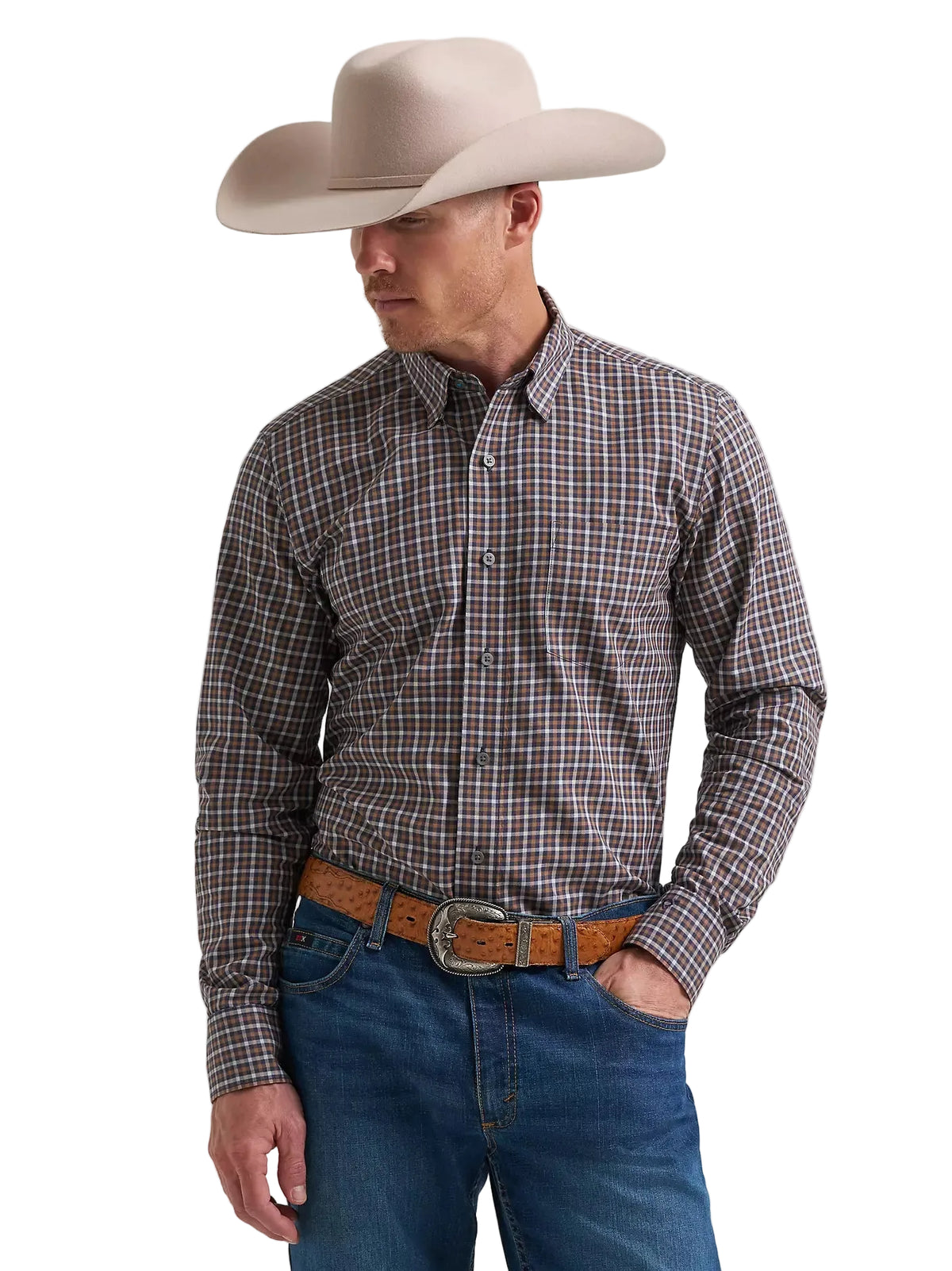Wrangler Men's Indigo Check Cody Johnson One Pocket Button Down Shirt 112385454