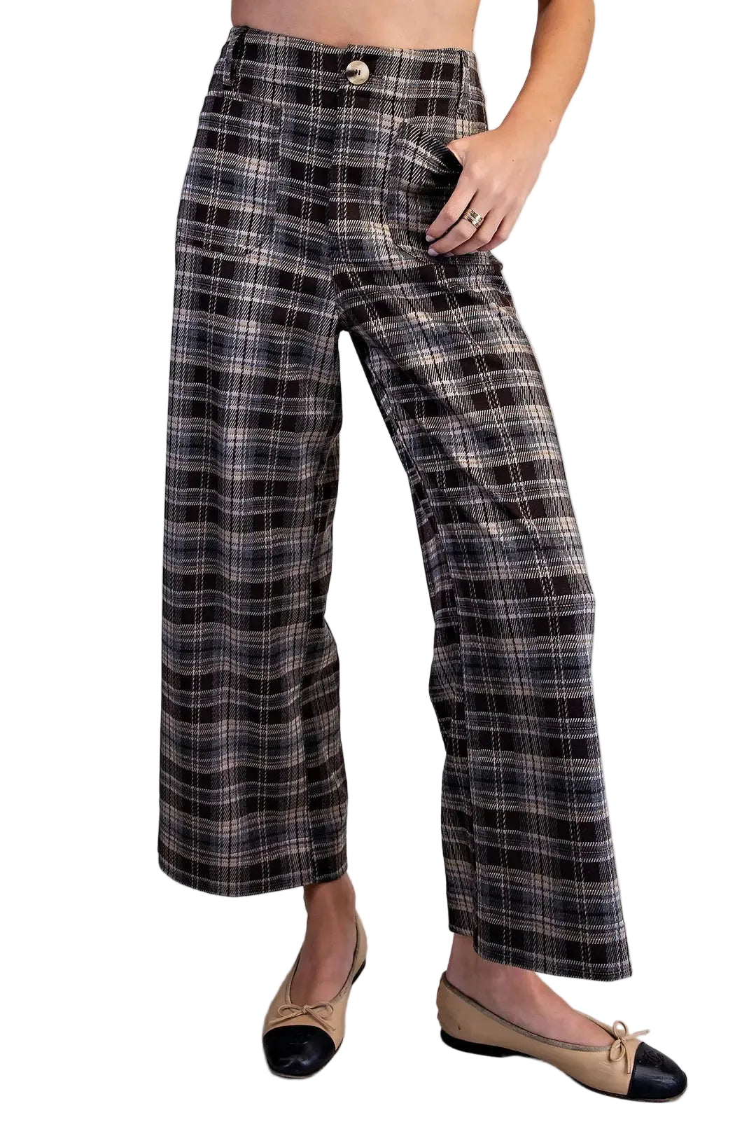 ee:some Women's Cocoa Plaid Patch Pocket Wide Leg Pants