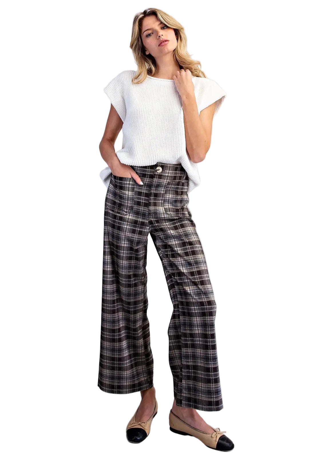 ee:some Women's Cocoa Plaid Patch Pocket Wide Leg Pants