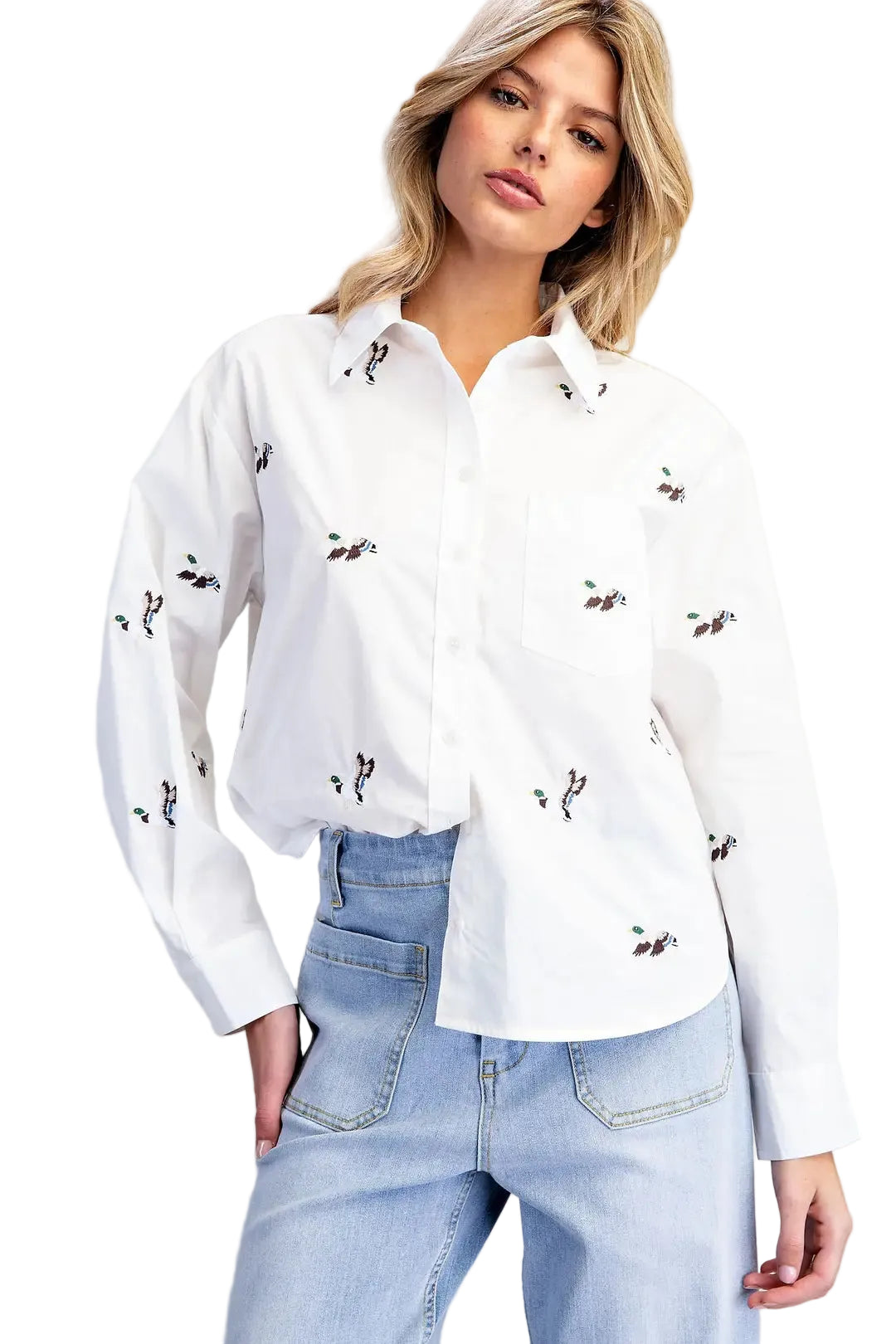 ee:some Women's White Embroidered Duck Button Down Shirt