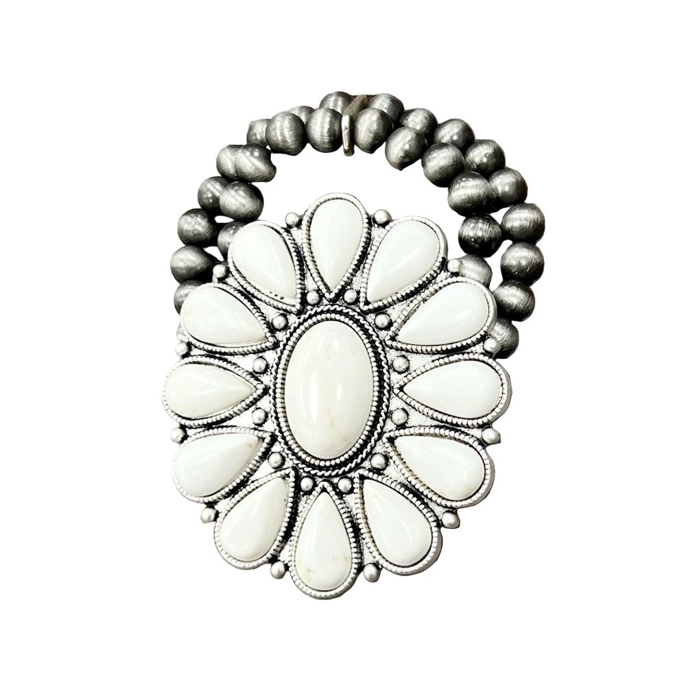 Women's Isac Handmade Very-big White Turquoise Stretch Bracelet
