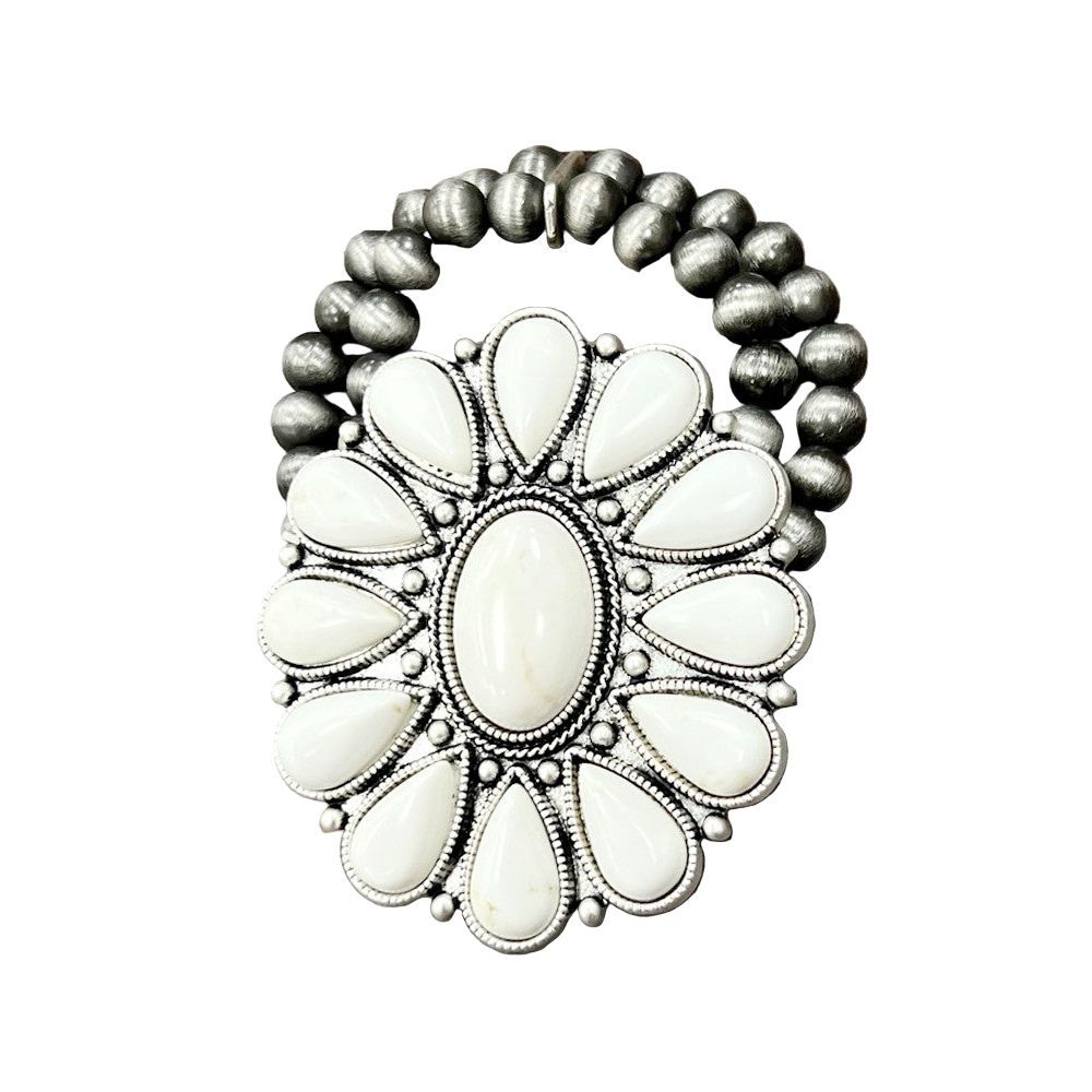 Women's Isac Handmade Very-big White Turquoise Stretch Bracelet