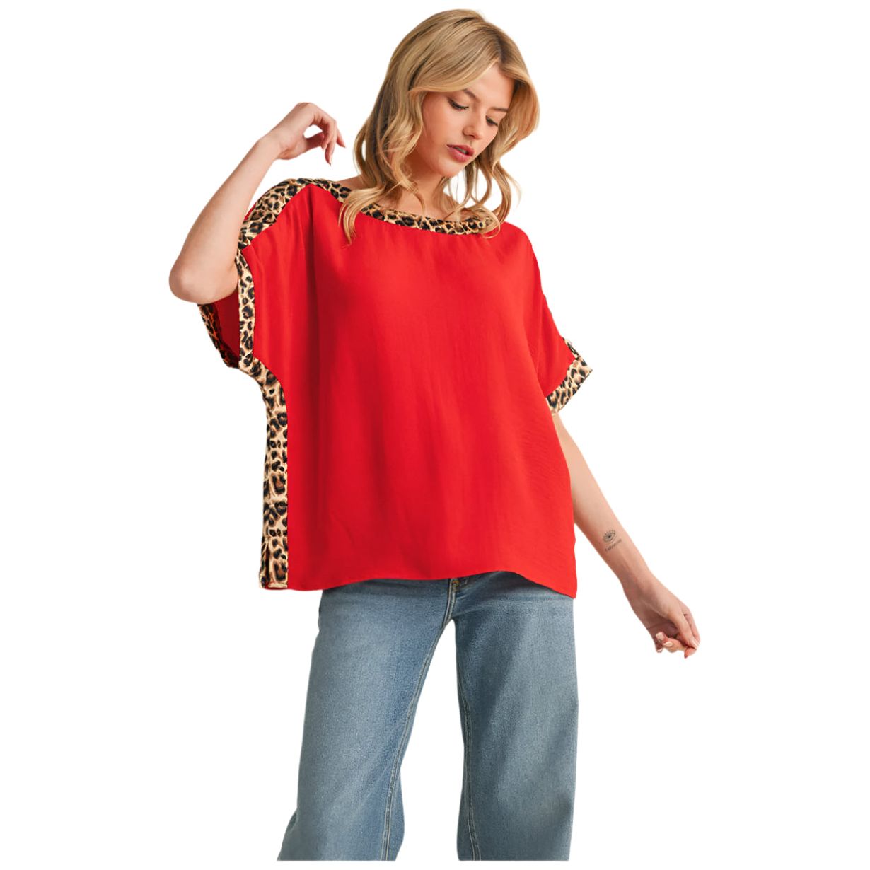 Women's Red And Cheetah Print Top G14473-3-TOP - Crazy House Western Wear