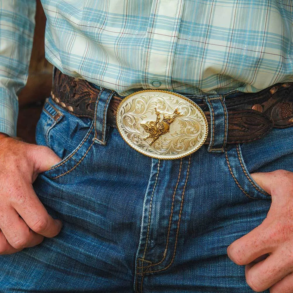 Men's Montana Silversmiths Classic Western Two-Tone Buckle With Bull Rider 1255-528