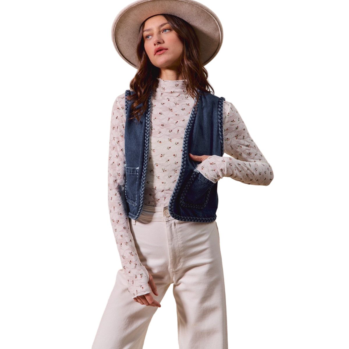 Women's Front Pockets Braided Trim Denim Vest ST3097E-01