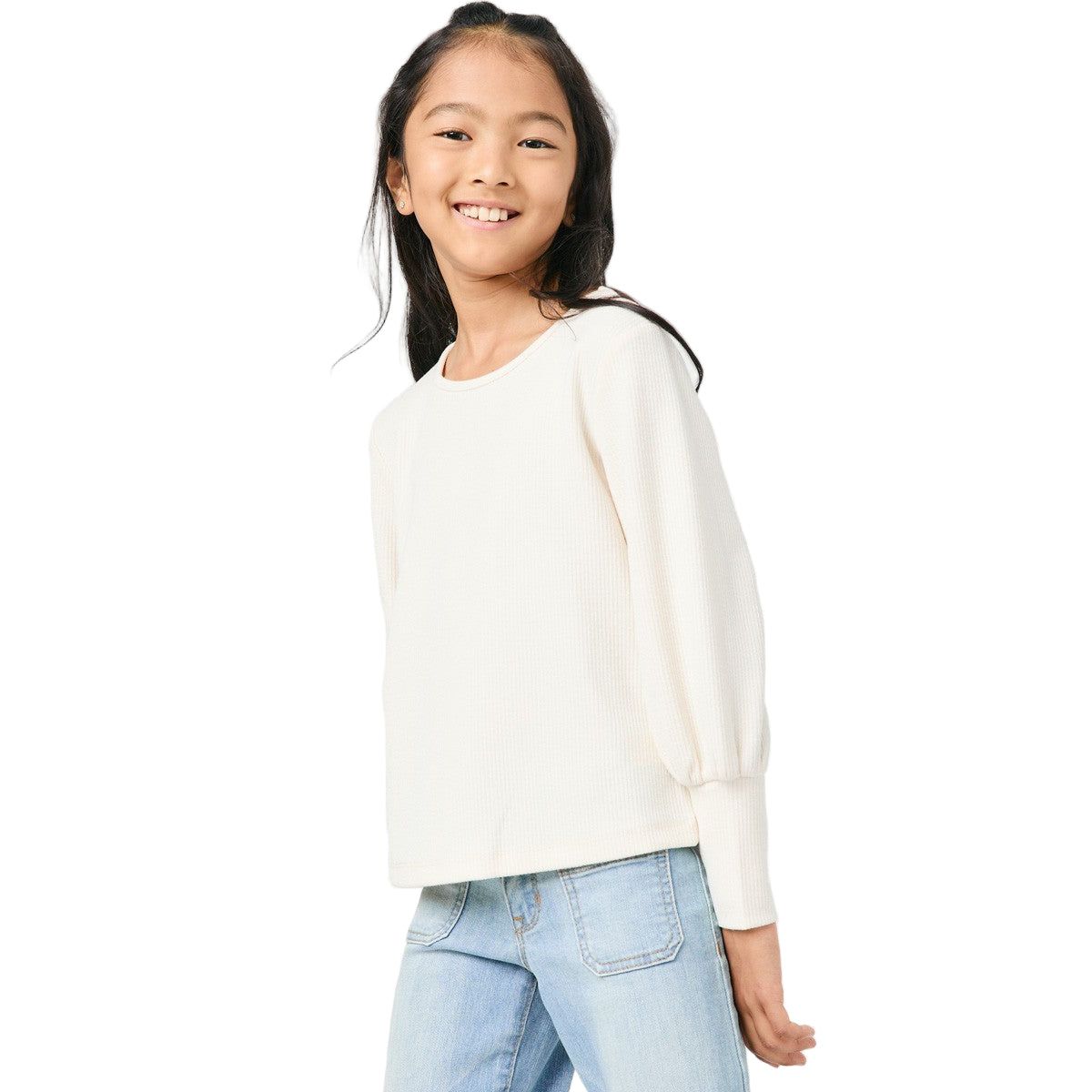 Girls Textured Rib Exaggerated Cuff Knit Top GN4155